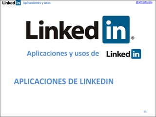 Aplicaciones y usos

@alfredovela

Aplicaciones y usos de

APLICACIONES DE LINKEDIN

36

 