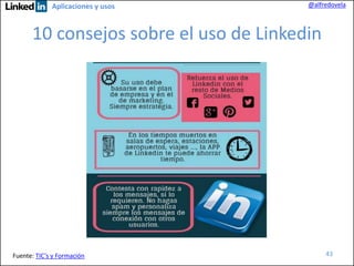 Aplicaciones y usos

@alfredovela

10 consejos sobre el uso de Linkedin

Fuente: TIC’s y Formación

43

 