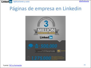 Aplicaciones y usos

@alfredovela

Páginas de empresa en Linkedin

Fuente: TIC’s y Formación

49

 
