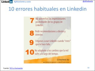 Aplicaciones y usos

@alfredovela

10 errores habituales en Linkedin

Fuente: TIC’s y Formación

58

 
