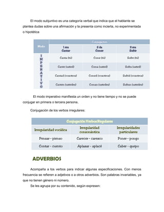 El modo subjuntivo es una categoría verbal que indica que el hablante se
plantea dudas sobre una afirmación y la presenta como incierta, no experimentada
o hipotética
El modo imperativo manifiesta un orden y no tiene tiempo y no se puede
conjugar en primera o tercera persona.
Conjugación de los verbos irregulares:
ADVERBIOS
Acompaña a los verbos para indicar algunas especificaciones. Con menos
frecuencia se refieren a adjetivos o a otros adverbios. Son palabras invariables, ya
que no tienen género ni número.
Se les agrupa por su contenido, según expresen:
 