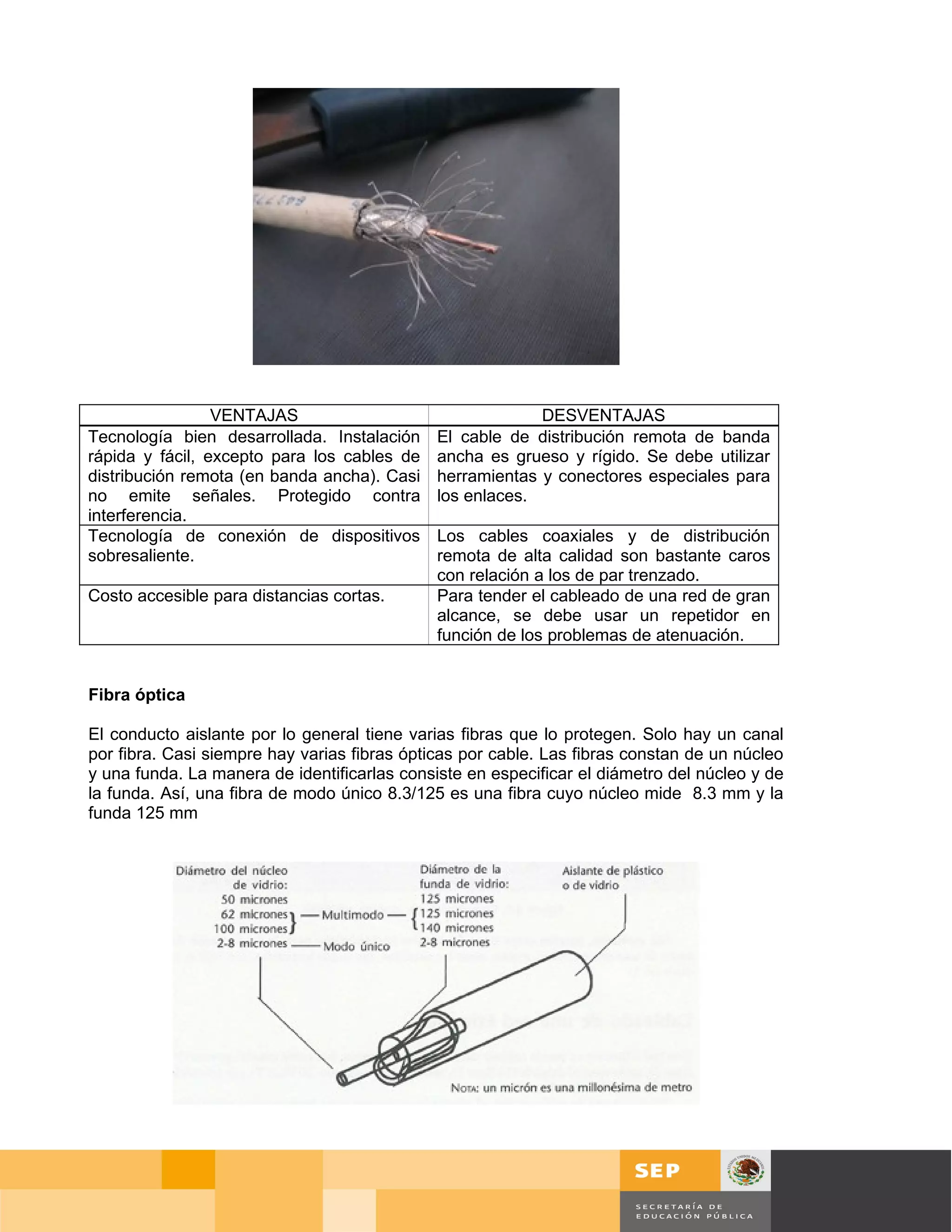 VENTAJAS                                  DESVENTAJAS
Tecnología bien desarrollada. Instalación     El cable de distribución remota de banda
rápida y fácil, excepto para los cables de    ancha es grueso y rígido. Se debe utilizar
distribución remota (en banda ancha). Casi    herramientas y conectores especiales para
no emite señales. Protegido contra            los enlaces.
interferencia.
Tecnología de conexión de dispositivos        Los cables coaxiales y de distribución
sobresaliente.                                remota de alta calidad son bastante caros
                                              con relación a los de par trenzado.
Costo accesible para distancias cortas.       Para tender el cableado de una red de gran
                                              alcance, se debe usar un repetidor en
                                              función de los problemas de atenuación.


Fibra óptica

El conducto aislante por lo general tiene varias fibras que lo protegen. Solo hay un canal
por fibra. Casi siempre hay varias fibras ópticas por cable. Las fibras constan de un núcleo
y una funda. La manera de identificarlas consiste en especificar el diámetro del núcleo y de
la funda. Así, una fibra de modo único 8.3/125 es una fibra cuyo núcleo mide 8.3 mm y la
funda 125 mm




                                                                                               Página 24 de 127
                                                                                  Página de
 