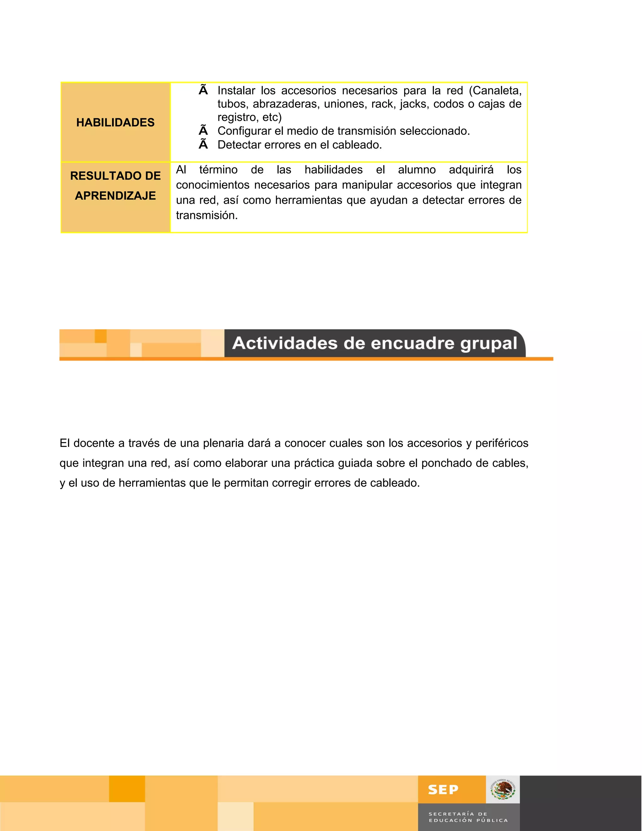 √ Instalar los accesorios necesarios para la red (Canaleta,
                             tubos, abrazaderas, uniones, rack, jacks, codos o cajas de
   HABILIDADES               registro, etc)
                           √ Configurar el medio de transmisión seleccionado.
                           √ Detectar errores en el cableado.

                      Al término de las habilidades el alumno adquirirá los
  RESULTADO DE
                      conocimientos necesarios para manipular accesorios que integran
  APRENDIZAJE         una red, así como herramientas que ayudan a detectar errores de
                      transmisión.




El docente a través de una plenaria dará a conocer cuales son los accesorios y periféricos
que integran una red, así como elaborar una práctica guiada sobre el ponchado de cables,
y el uso de herramientas que le permitan corregir errores de cableado.




                                                                                             Página 56 de 126
                                                                                Página de
 