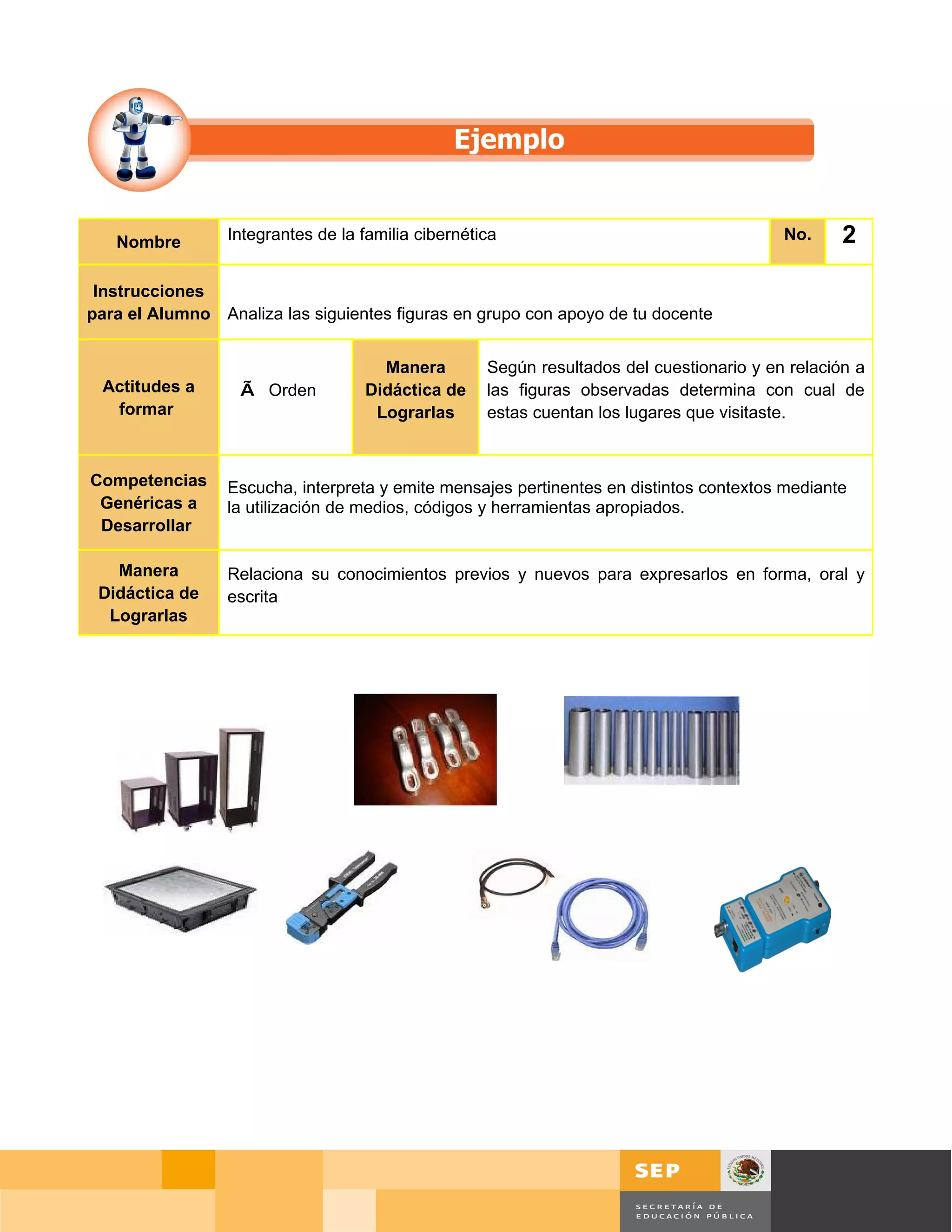 Nombre        Integrantes de la familia cibernética                                       No.   2

 Instrucciones
para el Alumno Analiza las siguientes figuras en grupo con apoyo de tu docente


                                     Manera         Según resultados del cuestionario y en relación a
 Actitudes a       √ Orden         Didáctica de     las figuras observadas determina con cual de
  formar                            Lograrlas       estas cuentan los lugares que visitaste.


Competencias     Escucha, interpreta y emite mensajes pertinentes en distintos contextos mediante
 Genéricas a     la utilización de medios, códigos y herramientas apropiados.
 Desarrollar

   Manera        Relaciona su conocimientos previos y nuevos para expresarlos en forma, oral y
 Didáctica de    escrita
  Lograrlas




                                                                                             Página 58 de 126
                                                                                 Página de
 