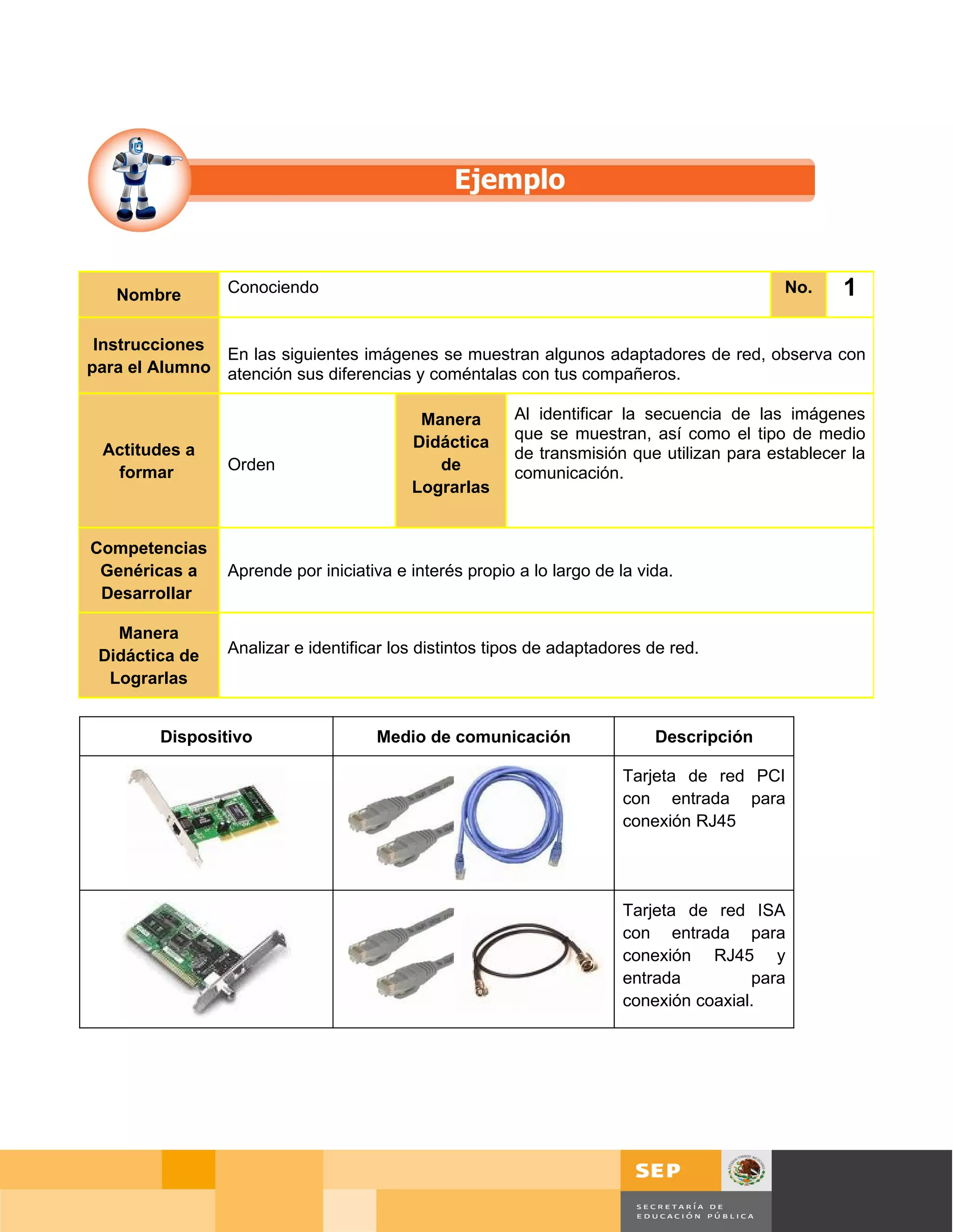 Nombre       Conociendo                                                                      No.   1

 Instrucciones
               En las siguientes imágenes se muestran algunos adaptadores de red, observa con
para el Alumno atención sus diferencias y coméntalas con tus compañeros.


                                          Manera       Al identificar la secuencia de las imágenes
                                         Didáctica     que se muestran, así como el tipo de medio
 Actitudes a                                           de transmisión que utilizan para establecer la
  formar        Orden                       de         comunicación.
                                         Lograrlas


Competencias
 Genéricas a    Aprende por iniciativa e interés propio a lo largo de la vida.
 Desarrollar

   Manera
 Didáctica de   Analizar e identificar los distintos tipos de adaptadores de red.
  Lograrlas


        Dispositivo                 Medio de comunicación                  Descripción

                                                                      Tarjeta de red PCI
                                                                      con entrada para
                                                                      conexión RJ45




                                                                      Tarjeta de red ISA
                                                                      con entrada para
                                                                      conexión RJ45 y
                                                                      entrada         para
                                                                      conexión coaxial.




                                                                                                Página 70 de 126
                                                                                    Página de
 