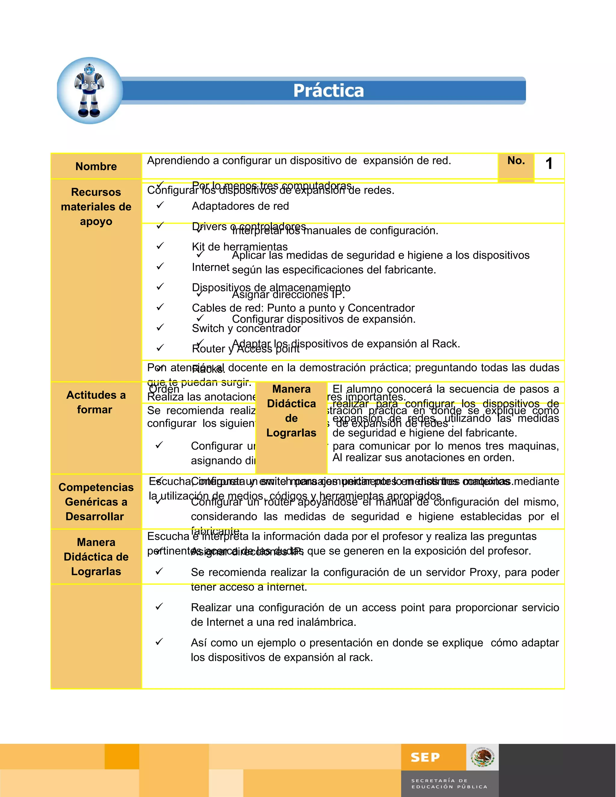 Aprendiendo a configurar un dispositivo de expansión de red.                  No.   1
   Nombre
                        Por lo menos tres computadoras
                 Configurar los dispositivos de expansión de redes.
   Recursos
Competencia a
 materiales de
  Desarrollar           Adaptadores de red
    apoyo                Drivers o controladores
                                  Interpretar los manuales de configuración.
                         Kit de herramientas
                                  Aplicar las medidas de seguridad e higiene a los dispositivos
                         Internet según las especificaciones del fabricante.

 Habilidades             Dispositivos de almacenamiento
                                 Asignar direcciones IP.
                         Cables de red: Punto a punto y Concentrador
                                 Configurar dispositivos de expansión.
                         Switch y concentrador
                         Router yAdaptar los dispositivos de expansión al Rack.
                                   Access point
               Pon atención al docente en la demostración práctica; preguntando todas las dudas
                       Racks.
 Instrucciones
               que te puedan surgir.
para el Alumno Orden                     Manera       El alumno conocerá la secuencia de pasos a
  Actitudes a  Realiza las anotaciones que consideres importantes.
                                        Didáctica realizar para configurar los dispositivos de
    formar     Se recomienda realizar una demostración práctica en donde se explique como
               configurar los siguientes dispositivos expansión de de redes :
                                            de         de expansión redes, utilizando las medidas
                                       Lograrlas de seguridad e higiene del fabricante.
                       Configurar un concentrador para comunicar por lo menos tres maquinas,
                        asignando direcciones Ip. Al realizar sus anotaciones en orden.
                 Escucha, interpreta un emite mensajes pertinentes en distintos contextos mediante
                          Configurar y switch para comunicar por lo menos tres maquinas.
Competencias
                 la utilización de medios, códigos y herramientas apropiados.
 Genéricas a              Configurar un router apoyándose el manual de configuración del mismo,
 Desarrollar               considerando las medidas de seguridad e higiene establecidas por el
Instrucciones    Escucha fabricante. la información dada por el profesor y realiza las preguntas
                            e interpreta
   Manera
    para el      pertinentes acerca de las dudas que se generen en la exposición del profesor.
                         Asignar direcciones IP.
 Didáctica de
   Docente
  Lograrlas             Se recomienda realizar la configuración de un servidor Proxy, para poder
                         tener acceso a Internet.
                        Realizar una configuración de un access point para proporcionar servicio
                         de Internet a una red inalámbrica.
                        Así como un ejemplo o presentación en donde se explique cómo adaptar
                         los dispositivos de expansión al rack.




                                                                                               Página 97 de 126
                                                                                   Página de
 