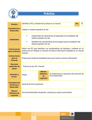Nombre        Identifica tu PC y transforma tus ideas en un manual                        No.       1
Competencia a
                 Instalar un sistema operativo de red
 Desarrollar


                             Implementar los mecanismos de seguridad en la instalación del
                              sistema operativo de red.
 Habilidades
                             Identificar las características de los equipos para la instalación del
                              sistema operativo de red.


 Instrucciones Utiliza una PC para identificar sus características de hardware y software en un
para el Alumno entorno de red. Realiza un resumen de toda la información recabada en un manual
               impreso.
Instrucciones
    para el      Proporcionar todas las facilidades para que el alumno reúna la información.
   Docente

 Recursos
materiales de     Entorno de red, PC, Internet.
   apoyo
                                          Manera
 Actitudes a                             Didáctica      Al proporcionar la secuencia de funciones de
                 Orden
  formar                                    de          los componentes.
                                         Lograrlas

Competencias
 Genéricas a     Aprende de forma autónoma
 Desarrollar

   Manera
 Didáctica de    Con las herramientas necesarias, construye su propio conocimiento.
  Lograrlas




                                                                                              Página 23 de 58
                                                                                              Página de
 