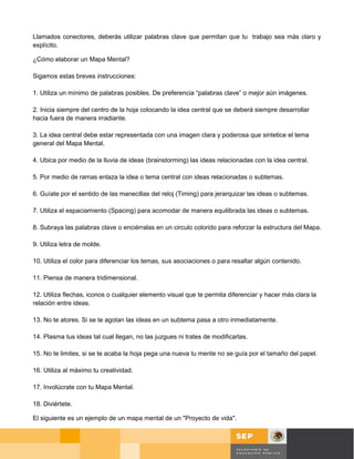 Llamados conectores, deberás utilizar palabras clave que permitan que tu trabajo sea más claro y
explícito.

¿Cómo elaborar un Mapa Mental?

Sigamos estas breves instrucciones:

1. Utiliza un mínimo de palabras posibles. De preferencia “palabras clave” o mejor aún imágenes.

2. Inicia siempre del centro de la hoja colocando la idea central que se deberá siempre desarrollar
hacia fuera de manera irradiante.

3. La idea central debe estar representada con una imagen clara y poderosa que sintetice el tema
general del Mapa Mental.

4. Ubica por medio de la lluvia de ideas (brainstorming) las ideas relacionadas con la idea central.

5. Por medio de ramas enlaza la idea o tema central con ideas relacionadas o subtemas.

6. Guíate por el sentido de las manecillas del reloj (Timing) para jerarquizar las ideas o subtemas.

7. Utiliza el espaciamiento (Spacing) para acomodar de manera equilibrada las ideas o subtemas.

8. Subraya las palabras clave o enciérralas en un circulo colorido para reforzar la estructura del Mapa.

9. Utiliza letra de molde.

10. Utiliza el color para diferenciar los temas, sus asociaciones o para resaltar algún contenido.

11. Piensa de manera tridimensional.

12. Utiliza flechas, iconos o cualquier elemento visual que te permita diferenciar y hacer más clara la
relación entre ideas.

13. No te atores. Si se te agotan las ideas en un subtema pasa a otro inmediatamente.

14. Plasma tus ideas tal cual llegan, no las juzgues ni trates de modificarlas.

15. No te limites, si se te acaba la hoja pega una nueva tu mente no se guía por el tamaño del papel.

16. Utiliza al máximo tu creatividad.

17. Involúcrate con tu Mapa Mental.

18. Diviértete.

El siguiente es un ejemplo de un mapa mental de un "Proyecto de vida".



                                                                                               Página 57 de 58
                                                                                               Página de
 