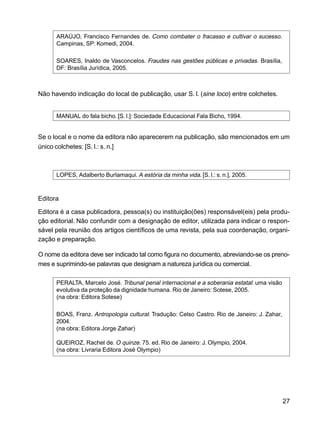 27
ARAÚJO, Francisco Fernandes de. Como combater o fracasso e cultivar o sucesso.
Campinas, SP: Komedi, 2004.
SOARES, Inaldo de Vasconcelos. Fraudes nas gestões públicas e privadas. Brasília,
DF: Brasília Jurídica, 2005.
Não havendo indicação do local de publicação, usar S. l. (sine loco) entre colchetes.
MANUAL do fala bicho. [S. l.]: Sociedade Educacional Fala Bicho, 1994.
Se o local e o nome da editora não aparecerem na publicação, são mencionados em um
único colchetes: [S. l.: s. n.]
LOPES, Adalberto Burlamaqui. A estória da minha vida. [S. l.: s. n.], 2005.
Editora
Editora é a casa publicadora, pessoa(s) ou instituição(ões) responsável(eis) pela produ-
ção editorial. Não confundir com a designação de editor, utilizada para indicar o respon-
sável pela reunião dos artigos científicos de uma revista, pela sua coordenação, organi-
zação e preparação.
O nome da editora deve ser indicado tal como figura no documento, abreviando-se os preno-
mes e suprimindo-se palavras que designam a natureza jurídica ou comercial.
PERALTA, Marcelo José. Tribunal penal internacional e a soberania estatal: uma visão
evolutiva da proteção da dignidade humana. Rio de Janeiro: Sotese, 2005.
(na obra: Editora Sotese)
BOAS, Franz. Antropologia cultural. Tradução: Celso Castro. Rio de Janeiro: J. Zahar,
2004.
(na obra: Editora Jorge Zahar)
QUEIROZ, Rachel de. O quinze. 75. ed. Rio de Janeiro: J. Olympio, 2004.
(na obra: Livraria Editora José Olympio)
 