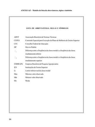 94
ABNT Associação Brasileira de Normas Técnicas
CEPES ComissãoEspecialparaExecuçãodoPlanodeMelhoriadoEnsinoSuperior
CFE Conselho Federal de Educação
DP Desvio-Padrão
Diferença entre a freqüência da classe modal e a freqüência da classe
imediatamenteinferior
Diferença entre a freqüência da classe modal e a freqüência da classe
imediatamentesuperior
EMBRAPA EmpresaBrasileiradePesquisaAgropecuária
IES InstituiçõesdeEnsinoSuperior
Li Limiteinferiorrealdaclassemodal
Max Máximovalorobservado
Min Mínimovalorobservado
Mo Moda
1
2
LISTA DE ABREVIATURAS, SIGLAS E SÍMBOLOS
ANEXO AZ – Modelo de lista de abreviaturas, siglas e símbolos
 