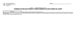 Liceo Inmaculada Concepción
Departamento Historia y Geografía
Nombre:_______________________________________
Prof. Isabel Orellana
Cauquenes
GUÍA N° ___ / TERCERO MEDIO A Y B / 2013
“GOBIERNO DE EMILIANO FIGUEROA Y PRIMER GOBIERNO DE CARLOS IBAÑEZ DEL CAMPO”
OBJETIVO: Analizar los gobiernos de Emiliano Figueroa y Carlos Ibañez del Campo
INSTRUCCIONES: Lee con atención laspáginas 26, 27 y 28 de tu texto escolar y realiza con la información, un mapa conceptual, red conceptual o cuadro de causas y consecuencias, en el espacio
que sigue. Luego, contesta las preguntas del reverso