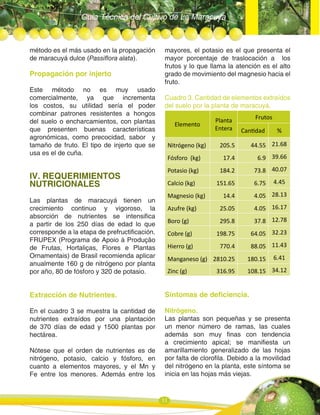 Guía Técnica del Cultivo de La Maracuya
11
método es el más usado en la propagación
de maracuyá dulce (Passiflora alata).
Propagación por injerto
Este método no es muy usado
comercialmente, ya que incrementa
los costos, su utilidad sería el poder
combinar patrones resistentes a hongos
del suelo o encharcamientos, con plantas
que presenten buenas características
agronómicas, como precocidad, sabor y
tamaño de fruto. El tipo de injerto que se
usa es el de cuña.
IV. REQUERIMIENTOS
NUTRICIONALES
Las plantas de maracuyá tienen un
crecimiento continuo y vigoroso, la
absorción de nutrientes se intensifica
a partir de los 250 días de edad lo que
corresponde a la etapa de prefructificación.
FRUPEX (Programa de Apoio à Produção
de Frutas, Hortaliças, Flores e Plantas
Ornamentais) de Brasil recomienda aplicar
anualmente 160 g de nitrógeno por planta
por año, 80 de fósforo y 320 de potasio.
Extracción de Nutrientes.
En el cuadro 3 se muestra la cantidad de
nutrientes extraídos por una plantación
de 370 días de edad y 1500 plantas por
hectárea.
Nótese que el orden de nutrientes es de
nitrógeno, potasio, calcio y fósforo, en
cuanto a elementos mayores, y el Mn y
Fe entre los menores. Además entre los
mayores, el potasio es el que presenta el
mayor porcentaje de traslocación a los
frutos y lo que llama la atención es el alto
grado de movimiento del magnesio hacia el
fruto.
Cuadro 3. Cantidad de elementos extraídos
del suelo por la planta de maracuyá.
Elemento
Planta
Entera
Frutos
Can dad %
Nitrógeno (kg) 205.5 44.55 21.68
Fósforo (kg) 17.4 6.9 39.66
Potasio (kg) 184.2 73.8 40.07
Calcio (kg) 151.65 6.75 4.45
Magnesio (kg) 14.4 4.05 28.13
Azufre (kg) 25.05 4.05 16.17
Boro (g) 295.8 37.8 12.78
Cobre (g) 198.75 64.05 32.23
Hierro (g) 770.4 88.05 11.43
Manganeso (g) 2810.25 180.15 6.41
Zinc (g) 316.95 108.15 34.12
Síntomas de deficiencia.
Nitrógeno.
Las plantas son pequeñas y se presenta
un menor número de ramas, las cuales
además son muy finas con tendencia
a crecimiento apical; se manifiesta un
amarillamiento generalizado de las hojas
por falta de clorofila. Debido a la movilidad
del nitrógeno en la planta, este síntoma se
inicia en las hojas más viejas.
 