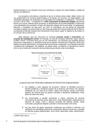 Guía de proyectos comunitarios bajo el enfoque del marco lógico4
transformándola en una situación futura que contribuya a mejorar las oportunidades y calidad de
vida de sus habitantes.
Los proyectos comunitarios, prescribe la ley en el artículo antes citado, deben contar con
una programación de acciones determinadas en el tiempo, los recursos, los responsables y los
resultados esperados; ser aprobados por la Asamblea de Ciudadanos y Ciudadanas – Artículo 23,
numeral 7 de la LOCC -, e integrarse en el Plan Comunitario de Desarrollo Integral, documento
técnico que incluye, además de los proyectos, la identificación de las potencialidades y limitaciones
y las prioridades que orientarán al logro del desarrollo integral de la comunidad. La elaboración,
ejecución y evaluación de este plan, así como su articulación con los planes de desarrollo
municipal y estadal, de conformidad con las líneas generales del Proyecto Nacional Simón Bolívar,
corresponde al llamado Colectivo de Coordinación Comunitaria, según lo dispone la ley citada, en
el numeral 2 de su Artículo 25.
Cabe destacar, que con frecuencia se confunde proyecto social o comunitario con
proyecto de investigación social; sin embargo, se trata de conceptos diferentes, según observa
CLARET VÈLIZ
6
. El primero tiene que ver con intervención, con actuación que pretende generar
soluciones o respuestas a un problema social que se aborda, mientras que el segundo, tiene como
objetivo encontrar alternativas a una laguna del conocimiento y responder a una inquietud científica
o problema de investigación. No obstante, en ambos casos se observa un elemento en común,
como lo es el interés por la solución de los problemas que afectan a las comunidades.
Situación
actual
Situación futura
o deseada
Vialidad en
mal estado
Proyecto
Vialidad en
buen estado
Figura 2: El proyecto como instrumento de cambio
FUENTE: elaboración propia.
¿CUÀLES SON LOS TIPOS MÀS COMUNES DE PROYECTOS COMUNITARIOS?
1. Los dirigidos a crear espacios de encuentro, reforzar la identidad comunal y
atender problemas y fortalezas propias de la dinámica comunitaria. Por ejemplo:
instalación de una casa de la cultura, radios comunitarias, prensa comunitaria,
dotación de insumos para los grupos culturales y educativos (bibliotecas, cines,
teatro de calle entre otros).
2. Los encaminados a atender situaciones y reducir carencias de servicios
comunitarios de atención social, tales como: niños abandonados, adolescentes en
situación de riesgo, niños y jóvenes excluidos del sistema escolar, casas
comunales y programas dirigidos a atender a la tercera edad, entre otros.
3. Los que sirven de apoyo, generando condiciones que faciliten e induzcan a la
realización de actividades productivas, propiciando efectos económicos y sociales
en distintos grupos poblacionales, como serían desarrollos viales, electrificación,
6 CLARET VÈLIZ. Pág. 22.
 