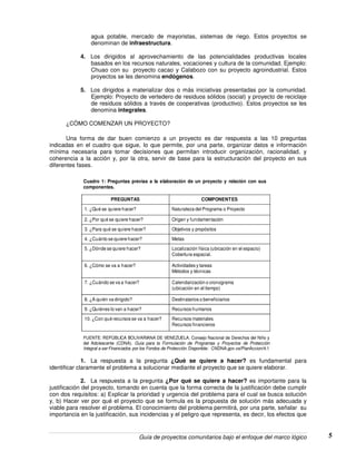 Guía de proyectos comunitarios bajo el enfoque del marco lógico 5
agua potable, mercado de mayoristas, sistemas de riego. Estos proyectos se
denominan de infraestructura.
4. Los dirigidos al aprovechamiento de las potencialidades productivas locales
basados en los recursos naturales, vocaciones y cultura de la comunidad. Ejemplo:
Chuao con su proyecto cacao y Calabozo con su proyecto agroindustrial. Estos
proyectos se les denomina endógenos.
5. Los dirigidos a materializar dos o más iniciativas presentadas por la comunidad.
Ejemplo: Proyecto de vertedero de residuos sólidos (social) y proyecto de reciclaje
de residuos sólidos a través de cooperativas (productivo). Estos proyectos se les
denomina integrales.
¿CÒMO COMENZAR UN PROYECTO?
Una forma de dar buen comienzo a un proyecto es dar respuesta a las 10 preguntas
indicadas en el cuadro que sigue, lo que permite, por una parte, organizar datos e información
mínima necesaria para tomar decisiones que permitan introducir organización, racionalidad, y
coherencia a la acción y, por la otra, servir de base para la estructuración del proyecto en sus
diferentes fases.
PREGUNTAS COMPONENTES
1. ¿Qué se quiere hacer? Naturaleza del Programa o Proyecto
2. ¿Por qué se quiere hacer? Origen y fundamentación
3. ¿Para qué se quiere hacer? Objetivos y propósitos
4. ¿Cuánto se quiere hacer? Metas
5. ¿Dónde se quiere hacer? Localización física (ubicación en el espacio)
Cobertura espacial.
6. ¿Cómo se va a hacer? Actividades y tareas
Métodos y técnicas
7. ¿Cuándo se va a hacer? Calendarización o cronograma
(ubicación en el tiempo)
8. ¿A quién va dirigido? Destinatarios o beneficiarios
9. ¿Quiénes lo van a hacer? Recursos humanos
10. ¿Con qué recursos se va a hacer? Recursos materiales
Recursos financieros
Cuadro 1: Preguntas previas a la elaboración de un proyecto y relación con sus
componentes.
FUENTE: REPÙBLICA BOLIVARIANA DE VENEZUELA. Consejo Nacional de Derechos del Niño y
del Adolescente (CDNA). Guía para la Formulación de Programas y Proyectos de Protección
Integral a ser Financiados por los Fondos de Protección. Disponible: CNDNA.gov.ve/PlanAccion/4.1
1. La respuesta a la pregunta ¿Qué se quiere a hacer? es fundamental para
identificar claramente el problema a solucionar mediante el proyecto que se quiere elaborar.
2. La respuesta a la pregunta ¿Por qué se quiere a hacer? es importante para la
justificación del proyecto, tomando en cuenta que la forma correcta de la justificación debe cumplir
con dos requisitos: a) Explicar la prioridad y urgencia del problema para el cual se busca solución
y, b) Hacer ver por qué el proyecto que se formula es la propuesta de solución más adecuada y
viable para resolver el problema. El conocimiento del problema permitirá, por una parte, señalar su
importancia en la justificación, sus incidencias y el peligro que representa, es decir, los efectos que
 