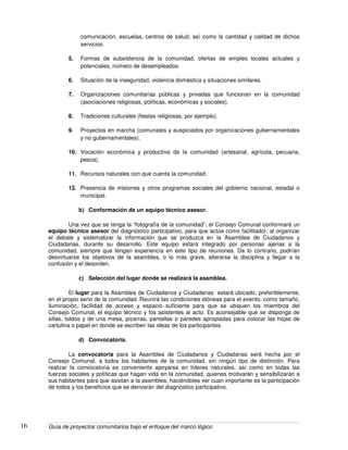 Guía de proyectos comunitarios bajo el enfoque del marco lógico16
comunicación, escuelas, centros de salud, así como la cantidad y calidad de dichos
servicios.
5. Formas de subsistencia de la comunidad, ofertas de empleo locales actuales y
potenciales, número de desempleados.
6. Situación de la inseguridad, violencia doméstica y situaciones similares.
7. Organizaciones comunitarias públicas y privadas que funcionan en la comunidad
(asociaciones religiosas, políticas, económicas y sociales).
8. Tradiciones culturales (fiestas religiosas, por ejemplo).
9. Proyectos en marcha (comunales y auspiciados por organizaciones gubernamentales
y no gubernamentales).
10. Vocación económica y productiva de la comunidad (artesanal, agrícola, pecuaria,
pesca).
11. Recursos naturales con que cuenta la comunidad.
12. Presencia de misiones y otros programas sociales del gobierno nacional, estadal o
municipal.
b) Conformación de un equipo técnico asesor.
Una vez que se tenga la “fotografía de la comunidad”, el Consejo Comunal conformará un
equipo técnico asesor del diagnóstico participativo, para que actúe como facilitador, al organizar
el debate y sistematizar la información que se produzca en la Asamblea de Ciudadanos y
Ciudadanas, durante su desarrollo. Este equipo estará integrado por personas ajenas a la
comunidad, siempre que tengan experiencia en este tipo de reuniones. De lo contrario, podrían
desvirtuarse los objetivos de la asamblea, o lo más grave, alterarse la disciplina y llegar a la
confusión y el desorden.
c) Selección del lugar donde se realizará la asamblea.
El lugar para la Asamblea de Ciudadanos y Ciudadanas estará ubicado, preferiblemente,
en el propio seno de la comunidad. Reunirá las condiciones idóneas para el evento, como tamaño,
iluminación, facilidad de acceso y espacio suficiente para que se ubiquen los miembros del
Consejo Comunal, el equipo técnico y los asistentes al acto. Es aconsejable que se disponga de
sillas, toldos y de una mesa, pizarras, pantallas o paredes apropiadas para colocar las hojas de
cartulina o papel en donde se escriben las ideas de los participantes.
d) Convocatoria.
La convocatoria para la Asamblea de Ciudadanos y Ciudadanas será hecha por el
Consejo Comunal, a todos los habitantes de la comunidad, sin ningún tipo de distinción. Para
realizar la convocatoria es conveniente apoyarse en líderes naturales, así como en todas las
fuerzas sociales y políticas que hagan vida en la comunidad, quienes motivarán y sensibilizarán a
sus habitantes para que asistan a la asamblea, haciéndoles ver cuan importante es la participación
de todos y los beneficios que se derivarán del diagnóstico participativo.
 