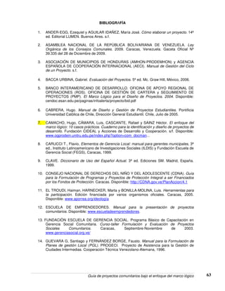 Guía de proyectos comunitarios bajo el enfoque del marco lógico 63
BIBLIOGRAFÍA
1. ANDER-EGG, Ezequiel y AGUILAR IDAÑEZ, María José. Cómo elaborar un proyecto. 14ª
ed. Editorial LUMEN. Buenos Aires. s.f.
2. ASAMBLEA NACIONAL DE LA REPÙBLICA BOLIVARIANA DE VENEZUELA. Ley
Orgánica de los Consejos Comunales. 2009. Caracas, Venezuela. Gaceta Oficial Nº
39.335 del 28 de Diciembre de 2009.
3. ASOCIACIÓN DE MUNICIPIOS DE HONDURAS (AMHON-PRODEMHON) y AGENCIA
ESPAÑOLA DE COOPERACIÓN INTERNACIONAL (AECI). Manual de Gestión del Ciclo
de un Proyecto. s.f.
4. BACCA URBINA, Gabriel. Evaluación del Proyectos. 5ª ed. Mc. Graw Hill, México, 2006.
5. BANCO INTERAMERICANO DE DESARROLLO. OFICINA DE APOYO REGIONAL DE
OPERACIONES (ROS). OFICINA DE GESTIÓN DE CARTERA y SEGUIMIENTO DE
PROYECTOS (PMP). El Marco Lógico para el Diseño de Proyectos. 2004. Disponible:
cendoc.esan.edu.pe/paginas/infoalerta/proyecto/bid.pdf
6. CABRERA, Hugo. Manual de Diseño y Gestión de Proyectos Estudiantiles. Pontificia
Universidad Católica de Chile, Dirección General Estudiantil. Chile, Julio de 2005.
7. CAMACHO, Hugo, CÁMARA, Luis, CASCANTE, Rafael y SAINZ Héctor. El enfoque del
marco lógico: 10 casos prácticos. Cuaderno para la identificación y diseño de proyectos de
desarrollo. Fundación CIDEAL y Acciones de Desarrollo y Cooperación. s/f. Disponible:
www.ogprodein.unitru.edu.pe/index.php?option=com_docman...
8. CARUCCI T., Flavio, Elementos de Gerencia Local: manual para gerentes municipales, 3ª
ed., Instituto Latinoamericano de Investigaciones Sociales (ILDIS) y Fundación Escuela de
Gerencia Social (FEGS), Caracas, 1999.
9. CLAVE. Diccionario de Uso del Español Actual. 3ª ed. Ediciones SM. Madrid, España.
1999.
10. CONSEJO NACIONAL DE DERECHOS DEL NIÑO Y DEL ADOLESCENTE (CDNA). Guía
para la Formulación de Programas y Proyectos de Protección Integral a ser Financiados
por los Fondos de Protección. Caracas. Disponible: http://CDNA.gov.ve/PlanAccion/4.1
11. EL TROUDI, Haiman, HARNECKER, Marta y BONILLA-MOLINA, Luis. Herramientas para
la participación. Edición financiada por varios organismos oficiales. Caracas, 2005.
Disponible: www.aporrea.org/ideología
12. ESCUELA DE EMPRENDEDORES. Manual para la presentación de proyectos
comunitarios. Disponible: www.escueladeemprendedores.
13. FUNDACIÒN ESCUELA DE GERENCIA SOCIAL. Programa Básico de Capacitación en
Gerencia Social Comunitaria. Curso-taller Formulación y Evaluación de Proyectos
Sociales Comunitarios. Caracas, Septiembre-Noviembre de 2003.
www.gerenciasocial.org.ve/
14. GUEVARA G, Santiago y FERNÁNDEZ BORGE, Fausto. Manual para la Formulación de
Planes de gestión Local (PGL). PROGECI. Proyecto de Asistencia para la Gestión de
Ciudades Intermedias. Cooperación Técnica Venezolano-Alemana, 1996.
 