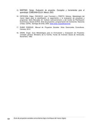 Guía de proyectos sociales comunitarios bajo el enfoque del marco lógico64
15. MARTINIC, Sergio. Evaluación de proyectos. Conceptos y herramientas para el
aprendizaje. COMEXANI-CEJUV. México. 2003.
16. ORTEGON, Edgar, PACHECO, Juan Francisco y PRIETO, Adriana. Metodología del
marco lógico para la planificación, el seguimiento y la evaluación de proyectos y
programas. Serie Manuales 42. Instituto Latinoamericano y del Caribe de Planificación
Económica y Social (ILPES). Área de proyectos y programación de inversiones. Naciones
Unidas. CEPAL. Santiago de Chile, 2005. www.eclac.org/publicaciones
17. RUBIO ENRIQUE. Manual de Proyectos Sociales. Artes Gerenciales Consultores.
Caracas, 2010.
18. SANIN, Ángel, Guía Metodológica para la Formulación y Evaluación de Proyectos:
concepto general, Ministerio de la Familia, Fondo de Inversión Social de Venezuela,
Noviembre, 1992.
 