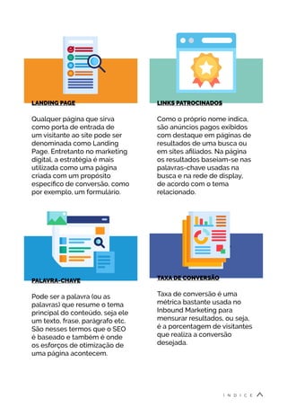 LINKS PATROCINADOS
Como o próprio nome indica,
são anúncios pagos exibidos
com destaque em páginas de
resultados de uma busca ou
em sites afiliados. Na página
os resultados baseiam-se nas
palavras-chave usadas na
busca e na rede de display,
de acordo com o tema
relacionado.
PALAVRA-CHAVE
Pode ser a palavra (ou as
palavras) que resume o tema
principal do conteúdo, seja ele
um texto, frase, parágrafo etc.
São nesses termos que o SEO
é baseado e também é onde
os esforços de otimização de
uma página acontecem.
LANDING PAGE
Qualquer página que sirva
como porta de entrada de
um visitante ao site pode ser
denominada como Landing
Page. Entretanto no marketing
digital, a estratégia é mais
utilizada como uma página
criada com um propósito
específico de conversão, como
por exemplo, um formulário.
TAXA DE CONVERSÃO
Taxa de conversão é uma
métrica bastante usada no
Inbound Marketing para
mensurar resultados, ou seja,
é a porcentagem de visitantes
que realiza a conversão
desejada.
Í N D I C E
 