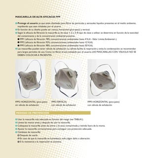 MASCARILLA DE ALTA EFICACIA FPP
Protege al usuario ya que están diseñadas para filtrar las partículas y aerosoles líquidos presentes en el medio ambiente,
impidiendo que sean inhaladas por el usuario
En función de su diseño puede ser: cónica, horizontal (pico-pato) y vertical.
Según la eficacia de filtración la mascarilla es de clase 1, 2 o 3. El tipo de clase a utilizar se determina en función de la toxicidad
del contaminante y de la concentración ambiental presente.
FPP1 (eficacia de filtración 78%, concentraciones ambientales hasta 4VLA –Valor Límite Ambiental–).
FPP2 (eficacia de filtración 92%, concentraciones ambientales hasta 12VLA).
FPP3 (eficacia de filtración 98%, concentraciones ambientales hasta 50VLA).
Las mascarillas pueden tener válvula de exhalación. La válvula facilita la respiración y evita la condensación; se recomiendan
para largos periodos de uso. Como no filtran el aire exhalado por el usuario, LAS MASCARILLAS CON VÁLVULA NO SE
DEBEN COLOCAR A PACIENTES.
MEDIDAS DE PREVENCIÓN
Usar la mascarilla más adecuada en función del riesgo (ver TABLA1).
Lávese las manos antes y después de usar la mascarilla.
Colóquese la mascarilla antes de entrar a la zona contaminada y retírela fuera de la misma.
Ajustar la mascarilla correctamente para conseguir una protección adecuada.
Cámbiese de mascarilla:
Después de usarla.
En caso de que la mascarilla se humedezca, sufra algún daño o alteración.
Si la resistencia a la respiración es excesiva.
a
b
c
FPP2 HORIZONTAL (pico-pato)
sin válvula de exhalación
FPP2VERTICAL
con válvula de exhalación
FPP3 HORIZONTAL (pico-pato)
con válvula de exhalación
 