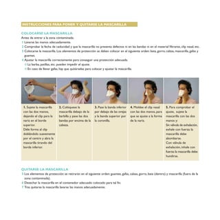 INSTRUCCIONES PARA PONER Y QUITARSE LA MASCARILLA
COLOCARSE LA MASCARILLA
Antes de entrar a la zona contaminada:
Lavarse las manos adecuadamente.
Comprobar la fecha de caducidad y que la mascarilla no presenta defectos ni en las bandas ni en el material filtrante, clip nasal, etc.
Colocarse la mascarilla. Los elementos de protección se deben colocar en el siguiente orden: bata, gorro, calzas, mascarilla, gafas y
guantes.
Ajustar la mascarilla correctamente para conseguir una protección adecuada.
La barba, patillas, etc. pueden impedir el ajuste.
En caso de llevar gafas, hay que quitárselas para colocar y ajustar la mascarilla.
1
2
3
4
QUITARSE LA MASCARILLA
Los elementos de protección se retirarán en el siguiente orden: guantes, gafas, calzas, gorro, bata (dentro) y mascarilla (fuera de la
zona contaminada).
Desechar la mascarilla en el contenedor adecuado colocado para tal fin.
Tras quitarse la mascarilla lavarse las manos adecuadamente.
5
6
7
1. Sujete la mascarilla
con las dos manos,
dejando el clip para la
nariz en el borde
superior.
Déle forma al clip
doblándolo suavemente
por el centro y abra la
mascarilla tirando del
borde inferior.
2. Colóquese la
mascarilla debajo de la
barbilla y pase las dos
bandas por encima de la
cabeza.
3. Pase la banda inferior
por debajo de las orejas
y la banda superior por
la coronilla.
4. Moldee el clip nasal
con las dos manos, para
que se ajuste a la forma
de la nariz.
5. Para comprobar el
ajuste, sujete la
mascarilla con las dos
manos y:
Sin válvula de exhalación,
exhale con fuerza: la
mascarilla debe
abombarse.
Con válvula de
exhalación, inhale con
fuerza:la mascarilla debe
hundirse.
 
