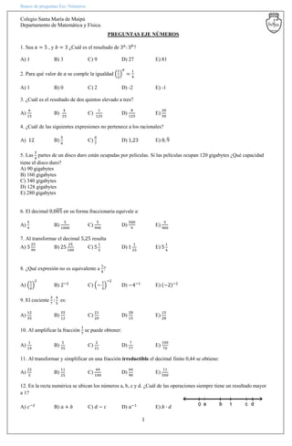Banco de preguntas Eje: Números
Colegio Santa María de Maipú
Departamento de Matemática y Física.
1
PREGUNTAS EJE NÚMEROS
1. Sea 𝑎 = 5 , y 𝑏 = 3 ¿Cuál es el resultado de 3 𝑎
:3 𝑏
?
A) 1 B) 3 C) 9 D) 27 E) 81
2. Para qué valor de 𝑎 se cumple la igualdad (
1
2
)
𝑎
=
1
4
A) 1 B) 0 C) 2 D) -2 E) -1
3. ¿Cuál es el resultado de dos quintos elevado a tres?
A)
6
15
B)
4
25
C)
1
125
D)
8
125
E)
20
50
4. ¿Cuál de las siguientes expresiones no pertenece a los racionales?
A) 12 B)
5
0
C)
0
7
D) 1,23 E) 0, 9̅
5. Las
3
4
partes de un disco duro están ocupadas por películas. Si las películas ocupan 120 gigabytes ¿Qué capacidad
tiene el disco duro?
A) 90 gigabytes
B) 160 gigabytes
C) 340 gigabytes
D) 128 gigabytes
E) 280 gigabytes
6. El decimal 0,005̅̅̅̅ en su forma fraccionaria equivale a:
A)
5
9
B)
5
1000
C)
5
990
D)
500
9
E)
5
900
7. Al transformar el decimal 5,25 resulta
A) 5
25
99
B) 25
25
100
C) 5
1
5
D) 1
1
25
E) 5
1
4
8. ¿Qué expresión no es equivalente a
1
4
?
A) (
1
2
)
2
B) 2−2
C) (−
1
2
)
−2
D) −4−1
E) (−2)−2
9. El cociente
3
7
:
4
5
es:
A)
12
35
B)
35
12
C)
21
20
D)
28
15
E)
15
28
10. Al amplificar la fracción
1
7
se puede obtener:
A)
1
14
B)
5
35
C)
2
21
D)
7
77
E)
100
70
11. Al transformar y simplificar en una fracción irreductible el decimal finito 0,44 se obtiene:
A)
22
5
B)
11
25
C)
44
100
D)
44
90
E)
11
500
12. En la recta numérica se ubican los números a, b, c y d. ¿Cuál de las operaciones siempre tiene un resultado mayor
a 1?
A) 𝑐−2
B) 𝑎 + 𝑏 C) 𝑑 − 𝑐 D) 𝑎−1
E) 𝑏 ∙ 𝑑
 