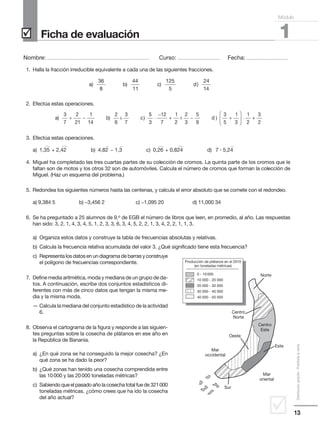 13
Distribucióngratuita-Prohibidalaventa
Ficha de evaluación˛
Nombre: .................................................................................................... Curso: ......................................... Fecha: ........................................
1
Módulo
1. Halla la fracción irreducible equivalente a cada una de las siguientes fracciones.
2. Efectúa estas operaciones.
3. Efectúa estas operaciones.
a) 1,35២ + 2,42២ b) 4,82៣ − 1,3៣ c) 0,26២ + 0,824២ d) 7 ؒ 5,24៣
4. Miguel ha completado las tres cuartas partes de su colección de cromos. La quinta parte de los cromos que le
faltan son de motos y los otros 32 son de automóviles. Calcula el número de cromos que forman la colección de
Miguel. (Haz un esquema del problema.)
5. Redondea los siguientes números hasta las centenas, y calcula el error absoluto que se comete con el redondeo.
a) 9,384 5 b) −3,456 2 c) −1,095 20 d) 11,000 34
6. Se ha preguntado a 25 alumnos de 9.o de EGB el número de libros que leen, en promedio, al año. Las respuestas
han sido: 3, 2, 1, 4, 3, 4, 5, 1, 2, 3, 3, 6, 3, 4, 5, 2, 2, 1, 3, 4, 2, 2, 1, 1, 3.
a) Organiza estos datos y construye la tabla de frecuencias absolutas y relativas.
b) Calcula la frecuencia relativa acumulada del valor 3. ¿Qué significado tiene esta frecuencia?
c) Representa los datos en un diagrama de barras y construye
el polígono de frecuencias correspondiente.
7. Define media aritmética, moda y mediana de un grupo de da-
tos. A continuación, escribe dos conjuntos estadísticos di-
ferentes con más de cinco datos que tengan la misma me-
dia y la misma moda.
— Calcula la mediana del conjunto estadístico de la actividad
6.
8. Observa el cartograma de la figura y responde a las siguien-
tes preguntas sobre la cosecha de plátanos en ese año en
la República de Banania.
a) ¿En qué zona se ha conseguido la mejor cosecha? ¿En
qué zona se ha dado la peor?
b) ¿Qué zonas han tenido una cosecha comprendida entre
las 10000 y las 20000 toneladas métricas?
c) Sabiendo que el pasado año la cosecha total fue de 321000
toneladas métricas, ¿cómo crees que ha ido la cosecha
del año actual?
a b c) ) ÷ )
3
7
2
21
1
14
2
6
3
7
+ −
55
3
12
7
1
2
2
3
5
9
3
5
1
3
1
2
⋅
−
+ − +





 ⋅)d ++
3
2
÷
a b c) ) )
36
8
44
11
1125
5
24
14
)d
0 - 10000
10 000 - 20 000
20 000 - 30 000
30 000 - 40 000
40 000 - 50 000
Producción de plátanos en el 2010
(en toneladas métricas)
Norte
Sur
Mar
oriental
Este
Oeste
Centro
Norte
Mar
occidental
Centro
Este
˛
 