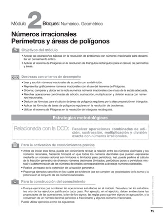 15
Distribucióngratuita-Prohibidalaventa
2Módulo Bloques: Numérico. Geométrico
Números irracionales
Perímetros y áreas de polígonos
• Aplicar las operaciones básicas en la resolución de problemas con números irracionales para desarro-
llar un pensamiento crítico.
• Aplicar el teorema de Pitágoras en la resolución de triángulos rectángulos para el cálculo de perímetros
y áreas.
Objetivos del módulo
• Leer y escribir números irracionales de acuerdo con su definición.
• Representar gráficamente números irracionales con el uso del teorema de Pitágoras.
• Ordenar, comparar y ubicar en la recta numérica números irracionales con el uso de la escala adecuada.
• Resolver operaciones combinadas de adición, sustracción, multiplicación y división exacta con núme-
ros irracionales.
• Deducir las fórmulas para el cálculo de áreas de polígonos regulares por la descomposición en triángulos.
• Aplicar las fórmulas de áreas de polígonos regulares en la resolución de problemas.
• Utilizar el teorema de Pitágoras en la resolución de triángulos rectángulos.
Destrezas con criterios de desempeño
Para la activación de conocimientos previos
• Antes de iniciar este tema, puede ser conveniente revisar la relación entre los números decimales y los
números racionales, haciendo hincapié en que todos los números decimales que pueden expresarse
mediante un número racional son limitados o ilimitados pero periódicos. Así, puede pedirse el cálculo
de la fracción generatriz de diversos números decimales (limitados, periódicos puros y periódicos mix-
tos) y la determinación de los números decimales correspondientes a diversos números racionales.
• Realice un repaso de la obtención de la fracción generatriz.
• Proponga ejemplos sencillos en los cuales se evidencie que se cumplen las propiedades de la suma y la
potencia en el conjunto de los números racionales.
• Busque ejercicios que combinen las operaciones estudiadas en el módulo. Resuelva con los estudian-
tes uno de los ejercicios justificando cada paso. Por ejemplo, en el ejercicio, deben evidenciarse las
propiedades de las operaciones, la ley de los signos, las reglas para suprimir signos de agrupación, y la
conversión de un número decimal periódico a fraccionario y algunos números irracionales.
Puede utilizar ejercicios como los siguientes:
2
Estrategias metodológicas
Relacionada con la DCD: Resolver operaciones combinadas de adi-
ción, sustracción, multiplicación y división
exacta con números irracionales.
DCDDCD
Para la construcción del conocimiento6
 