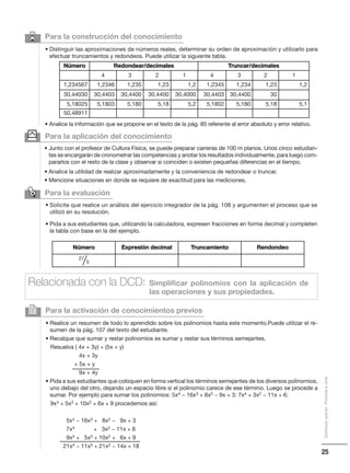 25
Distribucióngratuita-Prohibidalaventa
Para la aplicación del conocimiento
• Junto con el profesor de Cultura Física, se puede preparar carreras de 100 m planos. Unos cinco estudian-
tes se encargarán de cronometrar las competencias y anotar los resultados individualmente, para luego com-
pararlos con el resto de la clase y observar si coinciden o existen pequeñas diferencias en el tiempo.
• Analice la utilidad de realizar aproximadamente y la conveniencia de redondear o truncar.
• Mencione situaciones en donde se requiere de exactitud para las mediciones.
6 Para la construcción del conocimiento
• Distinguir las aproximaciones de números reales, determinar su orden de aproximación y utilizarlo para
efectuar truncamientos y redondeos. Puede utilizar la siguiente tabla.
• Analice la información que se propone en el texto de la pág. 85 referente al error absoluto y error relativo.
y
Para la evaluación
✑
• Solicite que realice un análisis del ejercicio integrador de la pág. 108 y argumenten el proceso que se
utilizó en su resolución.
• Pida a sus estudiantes que, utilizando la calculadora, expresen fracciones en forma decimal y completen
la tabla con base en la del ejemplo.
Para la activación de conocimientos previos
• Realice un resumen de todo lo aprendido sobre los polinomios hasta este momento.Puede utilizar el re-
sumen de la pág. 107 del texto del estudiante.
• Recalque que sumar y restar polinomios es sumar y restar sus términos semejantes.
Resuelva ( 4x + 3y) + (5x + y)
4x + 3y
+ 5x + y
9x + 4y
• Pida a sus estudiantes que coloquen en forma vertical los términos semejantes de los diversos polinomios,
uno debajo del otro, dejando un espacio libre si el polinomio carece de ese término. Luego se procede a
sumar. Por ejemplo para sumar los polinomios: 5x4 − 16x3 + 8x2 − 9x + 3; 7x4 + 3x2 − 11x + 6;
9x4 + 5x3 + 10x2 + 6x + 9 procedemos así:
5x4 − 16x3 + 8x2 − 9x + 3
7x4 + 3x2 − 11x + 6
9x4 + 5x3 + 10x2 + 6x + 9
21x4 − 11x3 + 21x2 − 14x + 18
2
Relacionada con la DCD: Simplificar polinomios con la aplicación de
las operaciones y sus propiedades.
4 3 2 1 4 3 2 1
1,234567 1,2346 1,235 1,23 1,2 1,2345 1,234 1,23 1,2
30,44030 30,4403 30,4400 30,4400 30,4000 30,4403 30,4400 30
5,18025 5,1803 5,180 5,18 5,2 5,1802 5,180 5,18 5,1
50,48911
Número Redondear/decimales Truncar/decimales
Número Expresión decimal Truncamiento Rendondeo
27/5
 