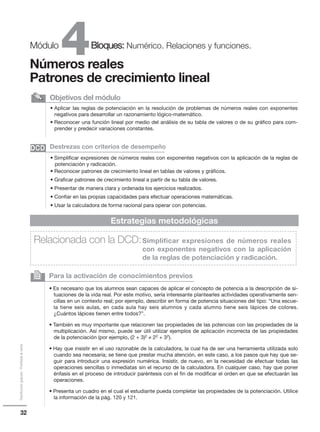 32
Distribucióngratuita-Prohibidalaventa
4Módulo Bloques: Numérico. Relaciones y funciones.
Números reales
Patrones de crecimiento lineal
• Aplicar las reglas de potenciación en la resolución de problemas de números reales con exponentes
negativos para desarrollar un razonamiento lógico-matemático.
• Reconocer una función lineal por medio del análisis de su tabla de valores o de su gráfico para com-
prender y predecir variaciones constantes.
Objetivos del módulo
• Simplificar expresiones de números reales con exponentes negativos con la aplicación de la reglas de
potenciación y radicación.
• Reconocer patrones de crecimiento lineal en tablas de valores y gráficos.
• Graficar patrones de crecimiento lineal a partir de su tabla de valores.
• Presentar de manera clara y ordenada los ejercicios realizados.
• Confiar en las propias capacidades para efectuar operaciones matemáticas.
• Usar la calculadora de forma racional para operar con potencias.
Destrezas con criterios de desempeño
Para la activación de conocimientos previos
• Es necesario que los alumnos sean capaces de aplicar el concepto de potencia a la descripción de si-
tuaciones de la vida real. Por este motivo, sería interesante plantearles actividades operativamente sen-
cillas en un contexto real; por ejemplo, describir en forma de potencia situaciones del tipo: “Una escue-
la tiene seis aulas, en cada aula hay seis alumnos y cada alumno tiene seis lápices de colores.
¿Cuántos lápices tienen entre todos?”.
• También es muy importante que relacionen las propiedades de las potencias con las propiedades de la
multiplicación. Así mismo, puede ser útil utilizar ejemplos de aplicación incorrecta de las propiedades
de la potenciación (por ejemplo, (2 + 3)2 ≠ 22 + 32).
• Hay que insistir en el uso razonable de la calculadora, la cual ha de ser una herramienta utilizada solo
cuando sea necesaria; se tiene que prestar mucha atención, en este caso, a los pasos que hay que se-
guir para introducir una expresión numérica. Insistir, de nuevo, en la necesidad de efectuar todas las
operaciones sencillas o inmediatas sin el recurso de la calculadora. En cualquier caso, hay que poner
énfasis en el proceso de introducir paréntesis con el fin de modificar el orden en que se efectuarán las
operaciones.
• Presenta un cuadro en el cual el estudiante pueda completar las propiedades de la potenciación. Utilice
la información de la pág. 120 y 121.
2
Estrategias metodológicas
Relacionada con la DCD:Simplificar expresiones de números reales
con exponentes negativos con la aplicación
de la reglas de potenciación y radicación.
DCDDCD
 
