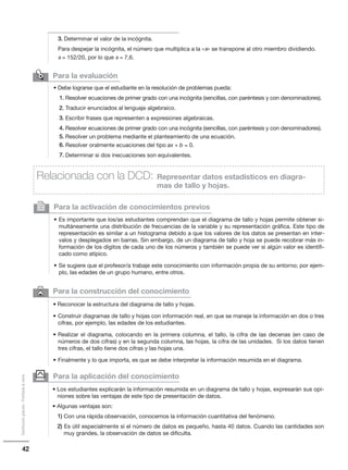 42
Distribucióngratuita-Prohibidalaventa
6 Para la construcción del conocimiento
• Reconocer la estructura del diagrama de tallo y hojas.
• Construir diagramas de tallo y hojas con información real, en que se maneje la información en dos o tres
cifras, por ejemplo, las edades de los estudiantes.
• Realizar el diagrama, colocando en la primera columna, el tallo, la cifra de las decenas (en caso de
números de dos cifras) y en la segunda columna, las hojas, la cifra de las unidades. Si los datos tienen
tres cifras, el tallo tiene dos cifras y las hojas una.
• Finalmente y lo que importa, es que se debe interpretar la información resumida en el diagrama.
Para la activación de conocimientos previos
• Es importante que los/as estudiantes comprendan que el diagrama de tallo y hojas permite obtener si-
multáneamente una distribución de frecuencias de la variable y su representación gráfica. Este tipo de
representación es similar a un histograma debido a que los valores de los datos se presentan en inter-
valos y desplegados en barras. Sin embargo, de un diagrama de tallo y hoja se puede recobrar más in-
formación de los dígitos de cada uno de los números y también se puede ver si algún valor es identifi-
cado como atípico.
• Se sugiere que el profesor/a trabaje este conocimiento con información propia de su entorno; por ejem-
plo, las edades de un grupo humano, entre otros.
2
Relacionada con la DCD: Representar datos estadísticos en diagra-
mas de tallo y hojas.
Para la evaluación

• Debe lograrse que el estudiante en la resolución de problemas pueda:
1. Resolver ecuaciones de primer grado con una incógnita (sencillas, con paréntesis y con denominadores).
2. Traducir enunciados al lenguaje algebraico.
3. Escribir frases que representen a expresiones algebraicas.
4. Resolver ecuaciones de primer grado con una incógnita (sencillas, con paréntesis y con denominadores).
5. Resolver un problema mediante el planteamiento de una ecuación.
6. Resolver oralmente ecuaciones del tipo ax + b = 0.
7. Determinar si dos inecuaciones son equivalentes.
3. Determinar el valor de la incógnita.
Para despejar la incógnita, el número que multiplica a la «x» se transpone al otro miembro dividiendo.
x = 152/20, por lo que x = 7,6.
Para la aplicación del conocimiento
• Los estudiantes explicarán la información resumida en un diagrama de tallo y hojas, expresarán sus opi-
niones sobre las ventajas de este tipo de presentación de datos.
• Algunas ventajas son:
1) Con una rápida observación, conocemos la información cuantitativa del fenómeno.
2) Es útil especialmente si el número de datos es pequeño, hasta 40 datos. Cuando las cantidades son
muy grandes, la observación de datos se dificulta.
y
 