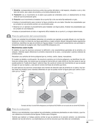 49
Distribucióngratuita-Prohibidalaventa
Para la aplicación del conocimiento
Existe una variedad de actividades referentes a la simetría; por ejemplo se puede dibujar, en una hoja do-
blada por la mitad, la mitad de una figura geométrica y luego cortarla; dibujar triángulos dados segmentos
simétricos; identificar los ejes de simetría en figuras dadas. A continuación presentamos una actividad in-
teresante tomada de la página web: http//curso0708.wikispaces.com.
Movimientos sobre huella
El objetivo es que los alumnos conozcan la definición y las características generales de la simetría y la
ubiquen. Además sepan diferenciar la simetría rotacional de la axial, y comprueben cuántos órdenes de
simetría tienen.
Necesitan una cartulina de forma poligonal (por ej. rombo), cartón, tijeras, marcadores.
El modelo se detalla a continuación. Se recorta la cartulina con la forma poligonal y se identifican los vér-
tices por ambas caras, de manera que se ponga la misma letra en cada vértice en las dos caras en que se
puede postrar la huella de la figura sobre la hoja. Se cuenta el número de movimientos en que se puede
encajar sin que se repitan, y ese será el número de líneas de simetría que tiene.
En este ejercicio los alumnos comprueban otra manera de describir ejes de simetría en un plano; hay tan-
tas líneas de simetría como maneras diferentes en que se pueda mover la figura para que vuelva a coin-
cidir con su huella”.
y
Para la evaluación

Motive a sus estudiantes a que realicen las actividades y problemas planteados en este módulo y que ha-
cen referencia a la simetría de las figuras. Podría usar el tangram.
Solicite que realicen un trabajo práctico similar al que se planteó en la sección anterior. Los elementos
deberán ser los del entorno. La creatividad es uno de los recursos que más debe ser considerado.
huella
Figura en
cartulina
C
B
D A
C
B
D A
C
B
D A
AB
CD
1. Simetría: correspondencia biunívoca entre dos puntos del plano o del espacio, situados a uno y otro
lado del centro, eje o plano de simetría y a la misma distancia de él.
2. Traslación: es un movimiento en el plano que puede ser entendido como un deslizamiento en línea
recta sin que se produzcan giros.
3. Rotación: es el movimiento al rededor de un punto fijo o de una recta fija realizando un giro.
• Analizar el procedimiento para construir la figura simétrica de una dada. Estudiar las propiedades que
se cumplen en una simetría central y en una simetría axial.
• Observar en un ejemplo el procedimiento para trasladar una figura plana. Analizar las propiedades que
se cumplen en una traslación.
• Analizar el procedimiento al rotar un segmento AB al rededor de un punto A, un ángulo determinado.
Tomado de:http://curso0708.wikispaces.com/Aplicaci%C3%B3n+en+el+aula+de+la+simetr%C3%ADa
 