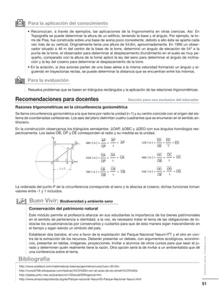 51
Distribucióngratuita-Prohibidalaventa
Recomendaciones para docentes Sección para uso exclusivo del educador
Razones trigonométricas en la circunferencia goniométrica
Se llama circunferencia goniométrica a la que tiene por radio la unidad (r=1) y su centro coincide con el origen del sis-
tema de coordenadas cartesianas. Los ejes del plano delimitan cuatro cuadrantes que se enumeran en el sentido an-
tihorario.
En la construcción observamos los triángulos semejantes: ⌬OAP, ⌬OBC y ⌬DEO con sus ángulos homólogos res-
pectivamente. Los lados OB, OP y OE corresponden al radio y su medida es la unidad.
La ordenada del punto P de la circunferencia corresponde al seno y la abscisa al coseno; dichas funciones toman
valores entre -1 y 1 incluidos.
Bibliografía
http://www.aulafacil.com/matematicas-basicas/geometria/curso/Lecc-30.htm
http://curso0708.wikispaces.com/Aplicaci%C3%B3n+en+el+aula+de+la+simetr%C3%ADa
http://platea.pntic.mec.es/jcarias/cns1/02excel/05ftrigexcel.htm
http://www.amazoniaporlavida.org/es/Parque-nacional-Yasuni/El-Parque-Nacional-Yasuni.html
Conservación del patrimonio natural
Este módulo permite al profesor/a afianzar en sus estudiantes la importancia de los bienes patrimoniales
en el sentido de pertenencia e identidad; a la vez, es necesario tratar el tema de las obligaciones de to-
dos/as los ecuatorianos/as por conservarlos y cuidarlos para que de esta manera sigan trascendiendo en
el tiempo y sigan siendo un símbolo del país.
Establecer dos bandos, el uno a favor de la explotación del Parque Nacional Yasuní-ITT y el otro en con-
tra de la extracción de los recursos. Deberán presentar un debate, con argumentos ecológicos, económi-
cos, presentar en tablas, imágenes, proyecciones. Invitar a alumnos de otros cursos para que sean el ju-
rado y determinen quién realmente tiene la razón. Otra opción sería la de invitar a un ambientalista que dé
una conferencia sobre el tema.
Buen Vivir: Biodiversidad y ambiente sano
Para la evaluación

Resuelva problemas que se basen en triángulos rectángulos y la aplicación de las relaciones trigonométricas.
Para la aplicación del conocimiento
• Reconozcan, a través de ejemplos, las aplicaciones de la trigonometría en otras ciencias. Así: En
Topografía se puede determinar la altura de un edificio, teniendo la base y el ángulo. Por ejemplo, la to-
rre de Pisa, fue construida sobre una base de arena poco consistente; debido a ello ésta se aparta cada
vez más de su vertical. Originalmente tenía una altura de 54,6m, aproximadamente. En 1990 un obser-
vador situado a 46 m del centro de la base de la torre, determinó un ángulo de elevación de 54º a la
punta de la torre, el observador para determinar al desplazamiento (hundimiento en el suelo es muy pe-
queño, comparado con la altura de la torre) aplicó la ley del seno para determinar el ángulo de inclina-
ción y la ley del coseno para determinar el desplazamiento de la torre.
• En la aviación, si dos aviones parten de una base aérea a la misma velocidad formando un ángulo y si-
guiendo en trayectorias rectas, se puede determinar la distancia que se encuentran entre los mismos.
y
y
x
O
C
DE
A
r = 1
B
P
AP
OP
sen ( α ) = =
cos ( α ) =
tan ( α ) =
AP
1
= AP
OA
OP
=
= =
OA
1
= OA
CB
OB
CB
1
CB
OC
OB
=
= =
OC
1
= OC
OD
OE
OD
1
OD
ED
OE
cot ( α ) =
sec ( α ) =
csc ( α ) =
ED
1
ED= =
 