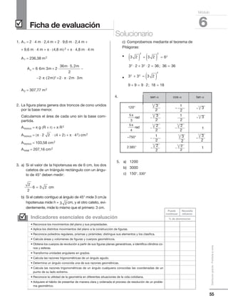 55
Distribucióngratuita-Prohibidalaventa
˛ 6
Módulo
Ficha de evaluación
Solucionario
3 2 3 2 6
3 2 3 2 36 36 36
2 2
2
2 2
( ) + ( ) =
⋅ + ⋅ = =;
3 3 3 2
9 9 9 2 18 18
2 3
2
+ = ( )
+ = ⋅ =;
1. A1 = 2 ⋅ 4 m ⋅ 2,4 m + 2 ⋅ 9,6 m ⋅ 2,4 m +
+ 9,6 m ⋅ 4 m + π ⋅ (4,8 m)2 + π ⋅ 4,8 m ⋅ 4 m
A1 = 236,38 m2
A2 = 307,77 m2
2. La figura plana genera dos troncos de cono unidos
por la base menor.
Calculamos el área de cada uno sin la base com-
partida.
Atronco = π g (R + r) + π R2
Atronco = (π ⋅ 2 ⋅ (4 + 2) + π ⋅ 42) cm2
Atronco = 103,58 cm2
Atotal = 207,16 cm2
3. a) Si el valor de la hipotenusa es de 6 cm, los dos
catetos de un triángulo rectángulo con un ángu-
lo de 45° deben medir:
b) Si el cateto contiguo al ángulo de 45° mide 3 cm,la
hipotenusa mide h = cm, y el otro cateto, evi-
dentemente, mide lo mismo que el primero: 3 cm.
c) Comprobemos mediante el teorema de
Pitágoras:
•
•
4.
5. a) 1200
b) 3000
c) 150°, 330°
A m m
m m
m m m
2
2
6 6 3 2
36 5 2
2
2 2 2 2 3
= ⋅ ⋅ + ⋅
⋅
−
− ⋅ ⋅ + ⋅ ⋅ ⋅
,
( )π π
2
2
2
6 3 2= cm
sen α cos α tan α
120°
5
3
π
rad
5
4
π
rad
−750°
2385°
3
2
3
2
-
2
2
-
1
2
-
2
2
-
1
2
-
1
2
2
2
-
3
2
3-
3-
3
2
-
1
1
3
2
3
2
-
2
2
-
1
2
-
2
2
-
1
2
-
1
2
2
2
-
3
2
3-
3-
3
2
-
1
1
3
2
3
2
-
2
2
-
1
2
-
2
2
-
1
2
-
1
2
2
2
-
3
2
3-
3-
3
2
-
1
1
3
2
3
2
-
2
2
-
1
2
-
2
2
-
1
2
-
1
2
2
2
-
3
2
3-
3-
3
2
-
1
1
3
2
3
2
-
2
2
-
1
2
-
2
2
-
1
2
-
1
2
2
2
-
3
2
3-
3-
3
2
-
1
1
3
2
3
2
-
2
2
-
1
2
-
2
2
-
1
2
-
1
2
2
2
-
3
2
3-
3-
3
2
-
1
1
3
2
3
2
-
2
2
-
1
2
-
2
2
-
1
2
-
1
2
2
2
-
3
2
3-
3-
3
2
-
1
1
Indicadores esenciales de evaluación
Puede
continuar
% de alumnos/as
Necesita
refuerzo
• Reconoce los movimientos del plano y sus propiedades.
• Aplica los distintos movimientos del plano a la construcción de figuras.
• Reconoce poliedros regulares, prismas y pirámides; distingue sus elementos y los clasifica.
• Calcula áreas y volúmenes de figuras y cuerpos geométricos.
• Obtiene los cuerpos de revolución a partir de sus figuras planas generatrices, e identifica cilindros co-
nos y esferas.
• Transforma unidades angulares en grados.
• Calcula las razones trigonométricas de un ángulo agudo.
• Determina un ángulo conocida una de sus razones geométricas.
• Calcula las razones trigonométricas de un ángulo cualquiera conocidas las coordenadas de un
punto de su lado extremo.
• Reconoce la utilidad de la geometría en diferentes situaciones de la vida cotidiana.
• Adquiere el hábito de presentar de manera clara y ordenada el proceso de resolución de un proble-
ma geométrico.
˛
2
2
6 3 2= cm
 