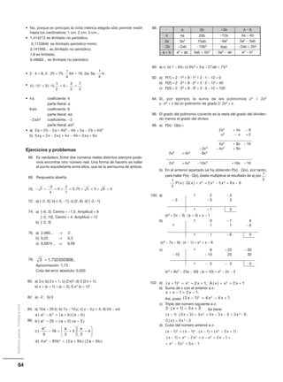 64
Distribucióngratuita-Prohibidalaventa
• No, porque en principio la cinta métrica elegida sólo permite medir
hasta los centímetros: 1 cm, 2 cm, 3 cm...
• 1,414213 es ilimitado no periódico;
es ilimitado periódico mixto;
3,141595... es ilimitado no periódico;
1,8 es limitado;
9,48683... es ilimitado no periódico
• 2 · 4 = 8; 3 · 25 = 75; ; 2a; 3a; .
•
• 4a coeficiente: 4
parte literal: a
6ab coeficiente: 6
parte literal: ab
−2ab2 coeficiente: −2
parte literal: ab2
• a) 5a + 2b − 2a + 4b2 − 4b = 3a − 2b + 4b2
b) 5xy + 2x − 2xy + 4x − 4b = 3xy + 6x
Ejercicios y problemas
66. Es verdadera. Entre dos números reales distintos siempre pode-
mos encontrar otro número real. Una forma de hacerlo es hallar
el punto equidistante entre ellos, que es la semisuma de ambos.
68. Respuesta abierta.
70.
72. a) [−2, 5]; b) (−3, −1]; c) (2, 6); d) [−2,−1]
74. a) (−6, 3). Centro = −1,5. Amplitud = 9
[−2, 10]. Centro = 4. Amplitud = 12
b) [−2, 3)
76. a) 2,080... → 2
b) 0,25 → 0,3
c) 9,5874... → 9,59
78.
Aproximación: 1,73
Cota del error absoluto: 0,003
80. a) 2x; b) 2x + 1; c) (2x)2; d) 3 (2x + 1);
e) x + (x + 1) + (x + 2); f) x2 (x + 1)2
82. a) −2 ; b) 0
84. a) 10a − 20 b; b) 7x − 10y; c) x − 5y + 4; d) 2b − a b
86.
0 1153846,
5 1 3 1
1
2
5
3
2
7
2
2( ) ( )− + − = − =
− 
−
     = 1
3
4
0
2
7
0 75 5 3 9 5,
3 = 1 732050808, ...
1
4
64 16=
1
4
a
a a b a b a b
b a a a
c
a
) ( ) ( )
) ( ) ( )
)
2 2
2
2
25 5 5
9
1
− = + −
− = + −
− 66
3
4
3
4
4 81 2 9 22 2
= +





 −






− = +
a a
d a b a b) ( ) ( aa b− 9 )
88.
90. a) x; b) 1 − 6b; c) 9b2 + 3a − 27ab + 7b6
92. a) P(1) = 2 · 13 + 8 · 12 + 2 · 1 − 12 = 0
b) P(2) = 2 · 23 + 8 · 22 + 2 · 2 − 12 = 40
c) P(3) = 2 · 33 + 8 · 32 + 2 · 3 − 12 = 120
94. Sí, por ejemplo la suma de los polinomios x5 + 2x2
y −x5 + x da un polinomio de grado 2: 2x2 + x.
96. El grado del polinomio cociente es la resta del grado del dividen-
do menos el grado del divisor.
98. a) P(x) · Q(x) =
2x2 + 4x − 8
x3 − x + 2
___________________
4x2 + 8x − 16
− 2x3 − 4x2 + 8x
2x5 + 4x4 − 8x3
________________________________________________
2x5 + 4x4 − 10x3 + 16x − 16
b) En el anterior apartado se ha obtenido P(x) · Q(x), por tanto,
para hallar P(x) · Q(x), basta multiplicar el resultado de a) por :
100. a) 1 2 − 3
− 3 − 3 3
1 − 1 0
(x2 + 2x − 3) : (x + 3) = x − 1
b) 1 0 − 7 6
1 1 1 − 6
1 1 − 6 0
(x3 − 7x − 6) : (x − 1) = x2 + x − 6
c) 1 8 − 23 − 30
− 10 − 10 20 30
1 − 2 − 3 0
(x3 + 8x2 − 23x − 30) : (x + 10) = x2 − 2x − 3
102. a)
b) Suma de x con el anterior a x:
Así, pues:
c) Triple del número siguiente a x:
. Se tiene:
d) Cubo del número anterior a x:
1
2
2 5 8 85 4 3
P x Q x x x x x( ) ( )⋅ = + − + −
( ) ; ( )x x x A x x x+ = + + = + +1 2 1 2 12 2 2
x x x+ − = −1 2 1.
( )2 1 4 4 12 2
x x x− = − +
3 1 3 3⋅ + = +( )x x
· a 5b −3a a − b
4 4a 20b −12a 4a − 4b
3a 3a2 15ab −9a2 3a2 − 3ab
−2b −2ab −10b2
6ab −2ab + 2b2
a + b a2 + ab 5ab + 5b2 −3a2 − ab a2 − b2
1
2
( ) ( ) ;
( )
x x x x x x
C x x
− ⋅ + = + − − = −
= −
1 3 3 3 3 3 3 3 3
3 3
2 2
2
( ) ( ) ( ) ( )
( )
x x x x x
x x x
− = − ⋅ − = − + ⋅
⋅ − = −
1 1 1 2 1
1 2
3 2 2
3 2 ++ − + − =
= − + −
x x x
x x x
2
3 2
2 1
3 3 1
 