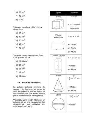 c) 10 cm2                                  Figura            Volumen
   d)
         12 cm2                               Cubo
   e) 20m2


Triángulo cuya base mide 10 cm y
altura 8 cm
   a) 45 cm2
                                             Prisma
   b) 80 cm2                               rectangular
   c) 20 cm2
   d) 40 cm2                                                 a = Largo
   e)
         12 cm2                                              b = Ancho
                                                             h = Altura
Trapecio cuyas bases miden 6 cm ,        Cilindro circular
4 cm y altura 3.5 cm
   a) 12.35 cm2
   b) 24 cm2                                                 r = Radio
   c) 35 cm2                                                 h = Altura
   d)
         12 cm2
   e) 17.5 cm2                                Cono                  V=


        4.8 Cálculo de volúmenes.

La palabra poliedro proviene del                             r = Radio
griego y significa muchas caras, es
decir los poliedros son las figuras de                       h = Altura
tres dimensiones que están limitada
por la intersección de varios planos.        Esfera
                                                               V=
Volumen. Es la región interna de un
poliedro. Al ser una magnitud de tres
dimensiones, sus unidades son                                r = Radio
cubicas (         etc.).
 