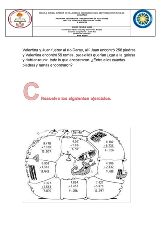 ESCUELA NORMAL SUPERIOR DE VILLAVICENCIO EN CONVENIO CON EL CENTRO EDUCATIVO RURAL DE
VANGUARDIA.
PROGRAMA DE FORMACIÓN COMPLEMENTARIA DE EDUCADORES
PRÁCTICA PEDAGÓGICA INVESTIGATIVA RURAL
III SEMESTRE
GUIA DE ESCUELA NUEVA
Coordinador Práctica rural: Mg. Saúl Romero Morales.
Docentes acompañantes: Javier Ríos
Docentes en formación:
Angee Moyano
Valentina y Juan fueron al río Caney, allí Juan encontró 258 piedras
y Valentina encontró 59 ramas, pues ellos querían jugar a la golosa
y debíanreunir todo lo que encontraron. ¿Entre ellos cuantas
piedras y ramas encontraron?
 