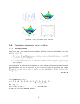 −1
0
1
−1
0
1
−1
0
1
−1
0
1
−1
0
1
0
1
2
−1
0
1
−1
0
1
0
1
2
−1 −0.5 0 0.5 1
−1
−0.5
0
0.5
1
Figura 3.6: Gr´aﬁca producida por el script5
3.4. Cuestiones avanzadas sobre gr´aﬁcos
3.4.1. Triangulaciones
La orden trisurf sirve para representar funciones deﬁnidas sobre una triangulaci´on. Una trian-
gulaci´on consiste de:
Dos vectores de igual longitud, correspondientes a las coordenadas horizontal y vertical de
un conjunto de puntos del plano.
Una matriz con tres columnas. En cada ﬁla se escriben los´ındices de puntos que constituyen
cada tri´angulo.
La triangulaci´on no tiene que estar construida de forma que los tri´angulos no se crucen o corten.
Es simplemente una lista de recorridos de tres en tres de puntos de una lista m´as grande.
El siguiente ejemplo muestra c´omo se emplea la orden trisurf para dibujar funciones sobre
triangulaciones.
script6.m
[x,y]=meshgrid(0:2,0:2)
trii=[1 2 4;2 4 5;2 3 5;3 5 6;4 5 7;7 5 8;5 6 8;6 8 9];
% triangulaci’on
z=x.^2+y.^2;
x=x(:);y=y(:);z=z(:); % lista de nodos
trisurf(trii,x,y,z),shading interp
41
 