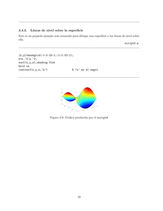 3.4.3. L´ıneas de nivel sobre la superﬁcie
Este es un peque˜no ejemplo m´as avanzado para dibujar una superﬁcie y las l´ıneas de nivel sobre
ella.
script8.m
[x,y]=meshgrid(-1:0.03:1,-1:0.03:1);
z=x.^2-y.^2;
surf(x,y,z),shading flat
hold on
contour3(x,y,z,’k’) % ’k’ es el negro
−1
−0.5
0
0.5
1
−1
−0.5
0
0.5
1
−1
−0.5
0
0.5
1
Figura 3.9: Gr´aﬁca producida por el script8
43
 
