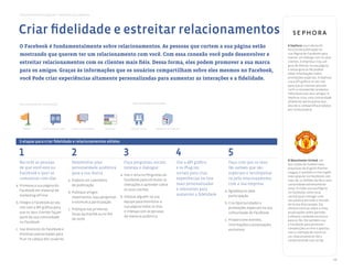 Guia de melhores práticas > Facebook por objetivo




Criar ﬁdelidade e estreitar relacionamentos
O Facebook é fundamentalmente sobre relacionamentos. As pessoas que curtem a sua página estão                                                                          A Sephora


mostrando que querem ter um relacionamento com você. Com essa conexão você pode desenvolver e
estreitar relacionamentos com os clientes mais ﬁéis. Dessa forma, eles podem promover a sua marca
para os amigos. Graças às informações que os usuários compartilham sobre eles mesmos no Facebook,
você Pode criar experiências altamente personalizadas para aumentar as interações e a ﬁdelidade.



Ferramentas de introdução                                                        Ferramentas avançadas




  Páginas       Histórias patrocinadas   Anúncios do Facebook   Perguntas       Plug-ins sociais   Aplicativos no Facebook




5 etapas para criar ﬁdelidade e relacionamentos sólidos


1                                        2                                  3                                         4                      5
                                                                                                                                                                       O Manchester United
Recorde as pessoas                       Desenvolva uma                     Faça perguntas, escute,                   Use a API gráﬁca       Faça com que os seus
de que você está no                      personalidade autêntica            interaja e dialogue                       e os Plug-ins          fãs saibam que são
Facebook e quer se                       para a sua marca                                                             sociais para criar     especiais e recompense-
comunicar com elas                                                                                                    experiências on-line   os pelo relacionamento
                                                                                                                      mais personalizadas    com a sua empresa
                                                                                                                      e relevantes para
                                                                                                                      aumentar a ﬁdelidade




                                                                                                                                                                                             11
 