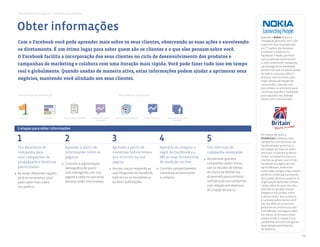 Guia de melhores práticas > Facebook por objetivo




Obter informações
                                                                                                                                                                                        Nokia
Com o Facebook você pode aprender mais sobre os seus clientes, observando as suas ações e envolvendo-
os diretamente. É um ótimo lugar para saber quem são os clientes e o que eles pensam sobre você.
O Facebook facilita a incorporação dos seus clientes no ciclo de desenvolvimento dos produtos e
campanhas de marketing e colabora com uma iteração mais rápida. Você pode fazer tudo isso em tempo
real e globalmente. Quando usadas de maneira ativa, estas informações podem ajudar a aprimorar seus
negócios, mantendo você alinhado aos seus clientes.


Ferramentas de introdução                                                           Ferramentas avançadas




  Páginas           Perguntas      Relatórios de campanha   Informações sobre    Aplicativos no Facebook   Efeitos da marca       ferramentas internas
                                                                as páginas                                                             com dados



5 etapas para obter informações


1                                   2                                           3                                         4                              5                    VisitBritain


Use Relatórios de                   Aprenda a partir de                         Aprenda a partir de                           Aprenda ao integrar o      Use métricas de
campanha para                       Informações sobre as                        conversas bidirecionais                       login do Facebook e a      campanha avançadas
suas campanhas de                   páginas                                     que ocorrem na sua                            API às suas ferramentas
propaganda e Histórias                                                          página                                        de medição on-line
patrocinadas




                                                                                                                                                                                                13
 