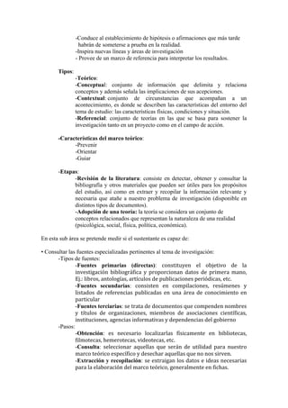 -Conduce al establecimiento de hipótesis o afirmaciones que más tarde
habrán de someterse a prueba en la realidad.
-Inspira nuevas líneas y áreas de investigación
- Provee de un marco de referencia para interpretar los resultados.
Tipos:
-Teórico:
-Conceptual: conjunto de información que delimita y relaciona
conceptos y además señala las implicaciones de sus acepciones.
-Contextual: conjunto de circunstancias que acompañan a un
acontecimiento, es donde se describen las características del entorno del
tema de estudio: las características físicas, condiciones y situación.
-Referencial: conjunto de teorías en las que se basa para sostener la
investigación tanto en un proyecto como en el campo de acción.
-Características del marco teórico:
-Prevenir
-Orientar
-Guiar
-Etapas:
-Revisión de la literatura: consiste en detectar, obtener y consultar la
bibliografía y otros materiales que pueden ser útiles para los propósitos
del estudio, así como en extraer y recopilar la información relevante y
necesaria que atañe a nuestro problema de investigación (disponible en
distintos tipos de documentos).
-Adopción de una teoría: la teoría se considera un conjunto de
conceptos relacionados que representan la naturaleza de una realidad
(psicológica, social, física, política, económica).
En esta sub área se pretende medir si el sustentante es capaz de:
• Consultar las fuentes especializadas pertinentes al tema de investigación:
-Tipos de fuentes:
-Fuentes primarias (directas): constituyen	
   el	
   objetivo	
   de	
   la	
  
investigación	
   bibliográfica	
   y	
   proporcionan	
   datos	
   de	
   primera	
   mano,	
  
Ej.:	
  libros,	
  antologías,	
  artículos	
  de	
  publicaciones	
  periódicas,	
  etc.
-Fuentes secundarias: consisten	
   en	
   compilaciones,	
   resúmenes	
   y	
  
listados	
   de	
   referencias	
   publicadas	
   en	
   una	
   área	
   de	
   conocimiento	
   en	
  
particular
-Fuentes terciarias: se	
  trata	
  de	
  documentos	
  que	
  compenden	
  nombres	
  
y	
   títulos	
   de	
   organizaciones,	
   miembros	
   de	
   asociaciones	
   científicas,	
  	
  
instituciones,	
  agencias	
  informativas	
  y	
  dependencias	
  del	
  gobierno
-Pasos:
-Obtención: es	
   necesario	
   localizarlas	
   físicamente	
   en	
   bibliotecas,	
  
filmotecas,	
  hemerotecas,	
  videotecas,	
  etc.
-Consulta: seleccionar	
   aquellas	
   que	
   serán	
   de	
   utilidad	
   para	
   nuestro	
  
marco	
  teórico	
  específico	
  y	
  desechar	
  aquellas	
  que	
  no	
  nos	
  sirven.
-Extracción y recopilación: se	
  extraigan	
  los	
  datos	
  e	
  ideas	
  necesarias	
  
para	
  la	
  elaboración	
  del	
  marco	
  teórico,	
  generalmente	
  en	
  fichas.
 