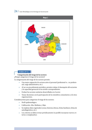 24 / Guía Metodológica de la Estrategia de Sectorización
Tarea Nº 2:
Categorización del riesgo de los sectores
¿Porqué categorizar el riesgo de los sectores?
La categorización del riesgo de los sectores permite:
•	 Una mejor asignación de sectores entre el personal (profesional vs. no profesio-
nal, carga administrativa, etc.)
•	 Al ser un procedimiento periódico, permite evaluar el desempeño del sectorista
y la capacidad gerencial en los niveles correspondientes.
•	 Evaluar las acciones sanitarias desarrolladas en el sector.
•	 Tomar decisiones con la participación de los miembros comunitarios y de otras
organizaciones.
Consideraciones para categorizar el riesgo de los sectores:
•	 Perfil epidemiológico.
•	 Calificación: Alto, Mediano, y Bajo.
•	 Se emplean datos registrados (censo, historias clínicas, fichas familiares, fichas de
autodiagnóstico, etc.).
•	 Los criterios se deben revisar periódicamente (es posible incorporar nuevos cri-
terios o remplazarlos).
Mapa 1
CHINCHAO
GAYCHE
CHAUPALLGA
CUSHIPAMPA
TRANCA
SAGRAG
PUMPUY
CHINCHOPAMPA
CARPICALLA
RURIN
PILLAO
HUANACAURE
UMARI
ACOMAYO
UCHUCCHACA
SAN PEDRO
HUAMPANI
VISTA
ALEGRE
PILLAO
BUENOS
AIRES
P.S.
 