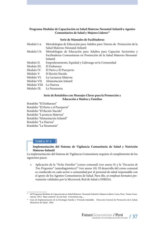 / 37
Programa Modular de Capacitación en Salud Materno-Neonatal-Infantil a Agentes
Comunitarios de Salud y Mujeres Líderes15
Serie de Manuales de Facilitadoras
Modulo I-a: 	 Metodologías de Educación para Adultos para Tutores de Promoción de la
Salud Materno-Neonatal-Infantil
Modulo I-b: 	 Metodologías de Educación para Adultos para Capacitar Sectoristas y
Facilitadoras Comunitarias en Promoción de la Salud Materno-Neonatal-
Infantil
Modulo II: 	 Empoderamiento, Equidad y Liderazgo en la Comunidad
Modulo III:	 El Embarazo
Modulo IV:	 El Parto y El Puerperio
Módulo V:	 El Recién Nacido
Módulo VI:	 La Lactancia Materna
Módulo VII:	 Alimentación Infantil
Módulo VIII:	 La Diarrea
Módulo IX:	 La Neumonia
Serie de Rotafolios con Mensajes Claves para la Promoción y
Educación a Madres y Familias
Rotafolio “El Embarazo”
Rotafolio “El Parto y el Puerperio”
Rotafolio “El Recién Nacido”
Rotafolio “Lactancia Materna”
Rotafolio “Alimentación Infantil”
Rotafolio “La Diarrea”
Rotafolio “La Neumonía”
Tarea Nº 2
Implementación del Sistema de Vigilancia Comunitaria de Salud y Nutrición
Materno-Infantil
La implementación del Sistema de Vigilancia Comunitaria requiere el cumplimiento de los
siguientes pasos:
•	 Aplicación de la “Ficha Familiar” (censo comunal) (ver anexo 9) y la “Encuesta de
Tres Preguntas” (autodiagnóstico)16
(ver anexo 10). El desarrollo del censo comunal
es conducido en cada sector o comunidad por el personal de salud responsable con
el apoyo de los Agentes Comunitarios de Salud. Para ello, se emplean formatos pre-
viamente validados por la Microrred, Red de Salud o DIRESA.
15
	 del Programa Modular de Capacitación en Salud Materno-.Neonatal-Infantil a Mujeres Líderes. Lima, Peru: Future Gene-
rations. 2012. Bajar material de este link: www.future.org.....
16
	 Guía de Implementación de la Estrategia Familia y Vivienda Saludable. Dirección General de Promoción de la Salud,
Ministerio de Salud. 2004.
 