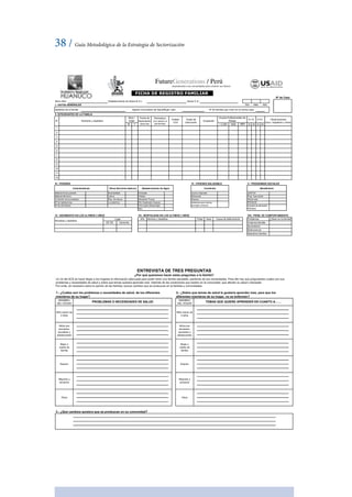 38 / Guía Metodológica de la Estrategia de Sectorización
Micro Red: Establecimiento de Salud (E.S.): Sector E.S.:
I.- DATOS GENERALES
Apellidos de la familia Agente Comunitario de Salud/Mujer Lider Nº de familias que viven en la misma casa
II. INTEGRANTES DE LA FAMILIA
M F si no si no
1
2
3
4
5
6
7
8
9
10
11
12
III.- VIVIENDA IV.- VIVIENDA SALUDABLE V.- PROGRAMAS SOCIALES
VI.- NACIMIENTO EN LOS ULTIMOS 3 AÑOS VII.- MORTALIDAD EN LOS ULTIMOS 3 AÑOS VIII.- PROB. DE COMPORTAMIENTO
S.I.S. D.N.I.
FICHA DE REGISTRO FAMILIAR
Estado
Civil
Parentesco
(con relación al
jefe familiar)
Delincuencia
Características Abastecimiento de AguaOtros Servicios básicos
Sexo
Abandono familiar
Problemas ¿Quien en la familia?
Violencia familiar
Alcoholismo
Entubada
Causa de fallecimiento
Letrina
Edad
Manantial/ Puquio
JUNTOS
Prog. Vaso leche
Wawa wasi
Material de las paredes
Material del techo
Nº de habitaciones
Nº de dormitorios
Condición de la propiedad
Otro
Pozo (para almacenaje)
Luz eléctrica
Alcantarillado
Nombre y ApellidosAño
Río/ Quebrada/ Acequia
Potable
Disp. de basura
Lugar
Observaciones
(mov. migratorio y otros)
Nombres y Apellidos
DomicilioEE.SS.
Nº de Casa
Grado de
Instrucción
Ocupación
Grupos Poblacionales de
Riesgo
MEF
Año
< 2 año Gest.
Día Mes
Sexo /
Edad
Fecha de
Nacimiento
dd/mm/aa
N° Nombres y Apellidos
Condición Beneficiario
PRONOEI
Canasta de alimentos
PRONAA
Ambiente para crianza
animales menores
Alacena
Biohuertos
Cocina mejorada
DIRESAH U Á N U C O
MIEMBRO
DEL HOGAR
MIEMBRO
DEL HOGAR
Un rol del ACS es hacer llegar a los hogares la información adecuada para poder tener una familia saludable, partiendo de sus necesidades. Para ello hay que preguntarles cuales son sus
problemas y necesidades de salud y sobre que temas quisiera aprender mas. Además de las condiciones que existen en la comunidad, que afectan su salud y bienestar.
Por ende, es necesario sobre la opinión de las familias, buscar cambios que se produzcan en la familias y comunidades.
¿Por qué queremos hacer estas preguntas a la familia?
ENTREVISTA DE TRES PREGUNTAS
PROBLEMAS O NECESIDADES DE SALUD
Esposo
Mayores y
ancianos
Esposo
Mayores y
ancianos
3.- ¿Qué cambios quisiera que se produzcan en su comunidad?
Niño menor de
2 años
Niño menor de
2 años
Niños pre
escolares,
escolares y
adolescentes
Niños pre
escolares,
escolares y
adolescentes
Mujer o
madre de
familia
Otros
Mujer o
madre de
familia
Otros
1.- ¿Cuáles son los problemas o necesidades de salud, de los diferentes
miembros de su hogar?
2.- ¿Sobre que temas de salud le gustaría aprender mas, para que los
diferentes miembros de su hogar, no se enfermen?
TEMAS QUE QUIERE APRENDER EN CUANTO A……
 