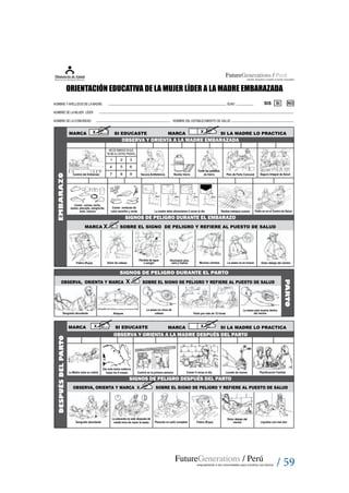 / 59
ORIENTACIÓN EDUCATIVA DE LA MUJER LÍDER A LA MADRE EMBARAZADA
NOMBRE Y APELLIDOS DE LA MADRE EDAD
NOMBRE DE LA MUJER LÍDER
NOMBRE DE LA COMUNIDAD NOMBRE DEL ESTABLECIMIENTO DE SALUD
SIS SI NO
Ataques
La wawa no viene de
cabeza
La wawa está muerta dentro
del vientreParto por más de 12 horas
PARTOOBSERVA, ORIENTA Y MARCA SOBRE EL SIGNO DE PELIGRO Y REFIERE AL PUESTO DE SALUDX
SIGNOS DE PELIGRO DURANTE EL PARTO
Sangrado abundante
OBSERVA Y ORIENTA A LA MADRE EMBARAZADA
Control del Embarazo Recibe hierro
Comer carnes, leche,
queso, pescado, sangrecita,
aves, huevos
Comer verduras de
color amarillo y verde Realiza trabajos suaves
Toma las pastillas
de hierro
MARCA SI EDUCASTE MARCA SI LA MADRE LO PRACTICA
Fiebre (Rupa) Dolor de cabeza
Hinchazón pies,
cara y manos Muchos vómitos La wawa no se mueve Dolor debajo del vientre
La madre debe alimentarse 4 veces al día Parto en en el Centro de Salud
1 2 3
4 5 6
7 8 9
MES DE EMBARAZO EN QUE
RECIBE SU CONTROLPRENATAL
EMBARAZO
MARCA SOBRE EL SIGNO DE PELIGRO Y REFIERE AL PUESTO DE SALUDX
SIGNOS DE PELIGRO DURANTE EL EMBARAZO
X
Seguro Integral de Salud
Pérdida de agua
o sangre
Plan de Parto ComunalVacuna Antitetánica
X
OBSERVA Y ORIENTA A LA MADRE DESPUÉS DEL PARTO
MARCA SI EDUCASTE MARCA SI LA MADRE LO PRACTICAX
DESPUÉSDELPARTO
X
SIGNOS DE PELIGRO DESPUÉS DEL PARTO
OBSERVA, ORIENTA Y MARCA SOBRE EL SIGNO DE PELIGRO Y REFIERE AL PUESTO DE SALUDX
Dar solo leche materna
hasta los 6 meses Control en la primera semana Comer 5 veces al día Planificación FamiliarLa Madre soba su matriz Lavado de manos
La placenta no sale después de
media hora de nacer la wawa Placenta no salió completa Líquidos con mal olorFiebre (Rupa)Sangrado abundante
Dolor debajo del
vientre
 