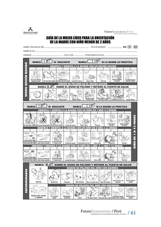 / 61
NOMBRE Y APELLIDOS DEL NIÑO FECHA DE NACIMIENTO
NOMBRE DELACS
COMUNIDAD Nº DE LA CASA ESTABLECIMIENTO DE SALUD
GUÍA DE LA MUJER LÍDER PARA LA ORIENTACIÓN
DE LA MADRE CON NIÑO MENOR DE 2 AÑOS
SIS SI NO
SIGNOS DE PELIGRO DEL NIÑO CON DIARREA
Respiración rápida
y agitada
Diarrea
MARCA SOBRE EL SIGNO DE PELIGRO Y REFIERE AL PUESTO DE SALUDx
SIGNOS DE PELIGRO DEL NIÑO CON NEUMONÍA
Mucha Sed Intranquilo
Llora mucho y sin
lágrimas
Busca atención
médicaOjos hundidos Boca y lengua seca Signo del pliegue
Hundimiento de piel
debajo de las costillas
Tos y respira
rápido No quiere mamar
Busca atención
médicaNo quiere comer o beber
No despierta
facilmente Fiebre
ENFERMEDADES
Dar solo leche materna
Control en los 3
primeros días de nacido Lavado de manos Peso y Talla Vacunas
Si enferma busca
atención médica
Demora en llorar No quiere mamar Respira rápido Ombligo rojo y pus Cuerpo flácido
Color amarillo o morado
en la cara y manos
Dar leche materna
desde que nace
MARCA SI EDUCASTEX MARCA SI LA MADRE LO PRÁCTICAX
Seguro Integral
de Salud
SIGNOS DE PELIGRO EN EL RECIÉN NACIDO
OBSERVA Y ORIENTA A LA MADRE CON UN RECIÉN NACIDO
WAWARECIÉNNACIDA
Bajo de peso
Piel fría de cara,
manos y pies
MARCA SOBRE EL SIGNO DE PELIGRO Y REFIERE AL PUESTO DE SALUDX
Vitamina A VacunasPeso y talla
OBSERVA Y ORIENTA A LA MADRE CON UN NIÑO DE 1 MES A 5 MESES
OBSERVA Y ORIENTA A LA MADRE CON UN NIÑO DE 1 AÑO A 1 AÑO Y 11 MESES
Consume verduras de
color verde y amarillo
Se alimenta hasta
4 veces al día Estimulación del niño
Consume verduras de
color verde y amarillo
Se alimenta hasta
5 veces al día Estimulación del niño
Peso y talla
No dar otros alimentos No dar otros líquidos Lavado de manos Peso y Talla Vacunas
Estimulación
del niñoDar solo leche materna
Lavado de manos
Lavado de manos
Consume carnes, hígado,
pescado,sangrecita, lentejas,
leche, huevo, tarwi, habas Vitamina A
X Seguro Integral
de Salud
OBSERVA Y ORIENTA A LA MADRE CON UN NIÑO DE 6 MES A 11 MESES
NIÑODE1A23MESES
Vacunas
X
MARCA SI EDUCASTEX MARCA SI LA MADRE LO PRÁCTICAX
Consume carnes, hígado,
pescado,sangrecita, lentejas,
leche, huevo, tarwi, habas
 