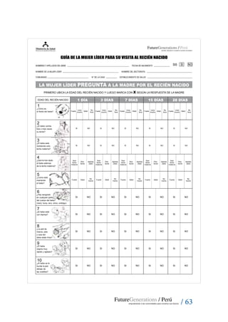 / 63
¿Hay sangrado
en cualquier parte
del cuerpo del bebe?
(nariz, boca, ano, orina, ombligo)
6
Fuerte
No
llora
Llora
mucho
Débil Fuerte
No
llora
Llora
mucho
Débil Fuerte
No
llora
Llora
mucho
Débil Fuerte
No
llora
Llora
mucho
Débil Fuerte
No
llora
Llora
mucho
Débil
SI NOSI NOSI NOSI NOSI NO
1 DÍA 3 DÍAS 7 DÍAS 15 DÍAS 28 DÍASEDAD DEL RECIÉN NACIDO
¿Cómo es
el llanto del bebe?
1
¿El bebe vomita
tres o mas veces
su leche?
2
¿El bebe está
recibiendo solo
leche materna?
3
¿Qué le han dado
al bebe ademas
de la leche materna?
4
¿El bebe está
con diarrea?
7
SI NOSI NOSI NOSI NOSI NO
¿La piel de
manos, pies
y cara del
bebe están fríos?
8
¿Como está
mamando
el bebe?
5
¿El bebe
respira muy
rápido y agitado?
9
SI NOSI NOSI NOSI NOSI NO
¿Al bebe se le
hunde la piel
debajo de
las costillas?
10
SI NOSI NOSI NOSI NOSI NO
SI NOSI NOSI NOSI NOSI NO
SI NOSI NOSI NOSI NOSI NO
Fuerte Débil
No
mama
Fuerte Débil
No
mama
Fuerte Débil
No
mama
Fuerte Débil
No
mama
Fuerte Débil
No
mama
Solo
leche
materna
Otra
leche
Aguitas
caldo
Solo
leche
materna
Otra
leche
Aguitas
caldo
Solo
leche
materna
Otra
leche
Aguitas
caldo
Solo
leche
materna
Otra
leche
Aguitas
caldo
Solo
leche
materna
Otra
leche
Aguitas
caldo
SI NOSI NOSI NOSI NOSI NO
LA MUJER LÍDER PREGUNTA A LA MADRE POR EL RECIÉN NACIDO
PRIMERO UBICA LA EDAD DEL RECIÉN NACIDO Y LUEGO MARCA CON X SEGÚN LA RESPUESTA DE LA MADRE
NOMBRES Y APELLIDOS DEL BEBE
NOMBRE DE LA MUJER LÍDER
COMUNIDAD
GUÍA DE LA MUJER LÍDER PARA SU VISITA AL RECIÉN NACIDO
N° DE LA CASA
FECHA DE NACIMIENTO
NOMBRE DEL SECTORISTA
ESTABLECIMIENTO DE SALUD
SIS SI NO
 
