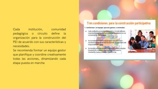 Cada institución, comunidad
pedagógica o circuito define la
organización para la construcción del
PEI de acuerdo con sus características y
necesidades.
Se recomienda formar un equipo gestor
que planifique y coordine creativamente
todas las acciones, dinamizando cada
etapa puesta en marcha
 