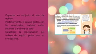 Organizar en conjunto el plan de
trabajo.
Posteriormente, el equipo gestor, con
las autoridades, realizará varias
sesiones o encuentros para:
Establecer la programación del
trabajo del equipo gestor con un
cronograma.
 