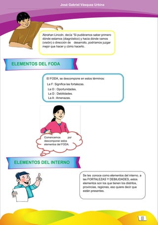 Abrahan Lincoln, decía “Si pudiéramos saber primero
dónde estamos (diagnóstico) y hacia dónde vamos
(visión) o dirección de desarrollo, podríamos juzgar
mejor que hacer y cómo hacerlo.
El FODA, se descompone en estos términos:
La F: Significa las fortalezas.
La O : Oportunidades.
La D : Debilidades.
La A : Amenazas.
Comencemos por
descomponer estos
elementos del FODA.
Se les conoce como elementos del interno, a
las FORTALEZAS Y DEBILIDADES, estos
elementos son los que tienen los distritos,
provincias, regiones, eso quiere decir que
están presentes.
ELEMENTOS DEL FODA
ELEMENTOS DEL INTERNO
13
José Gabriel Vásquez Urbina
 